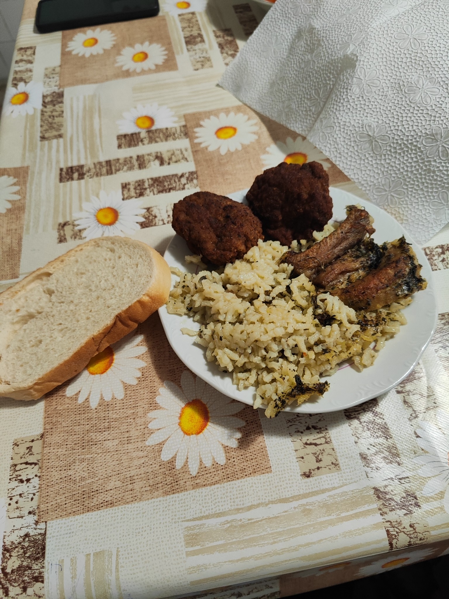 Rice, meatballs, fish, bread