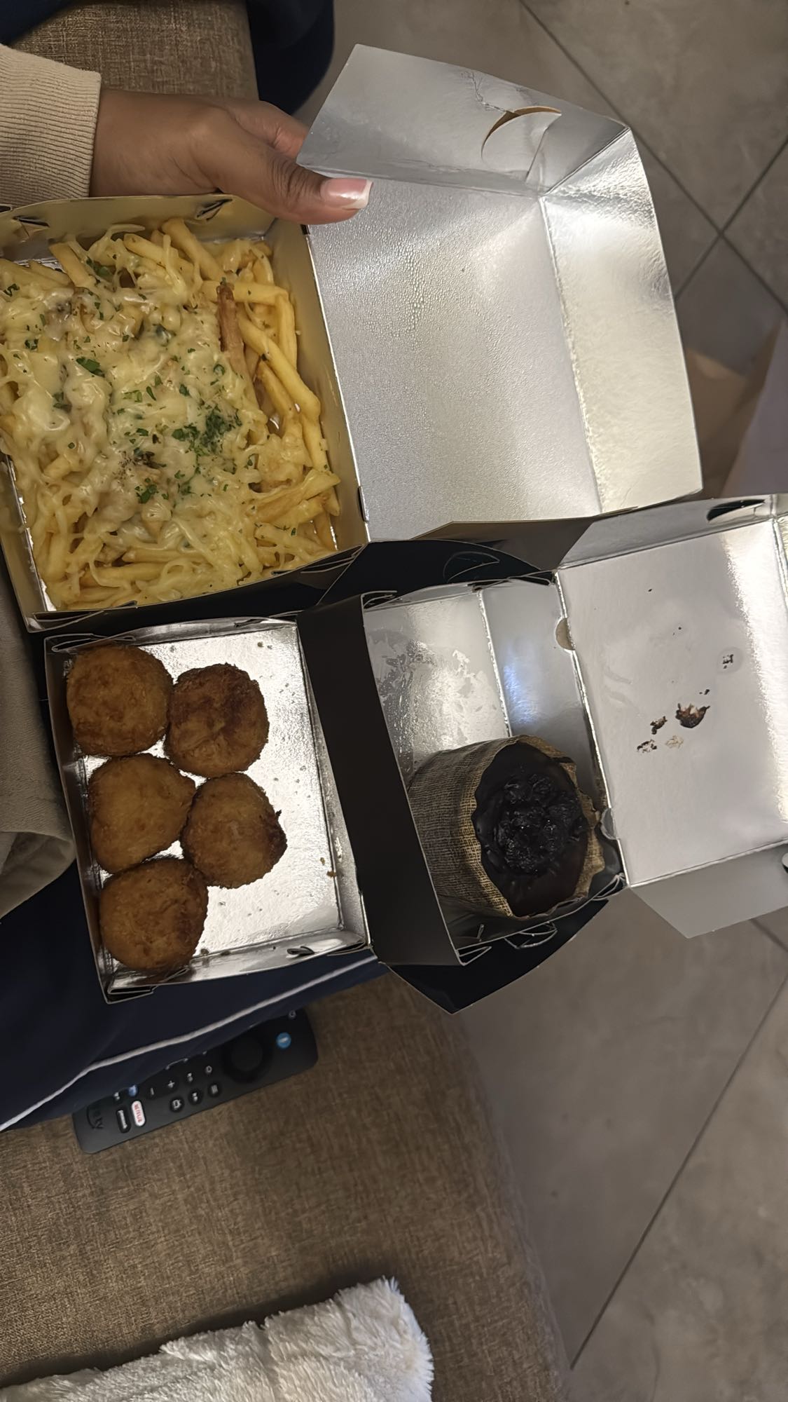 Loaded fries, croquettes, muffin