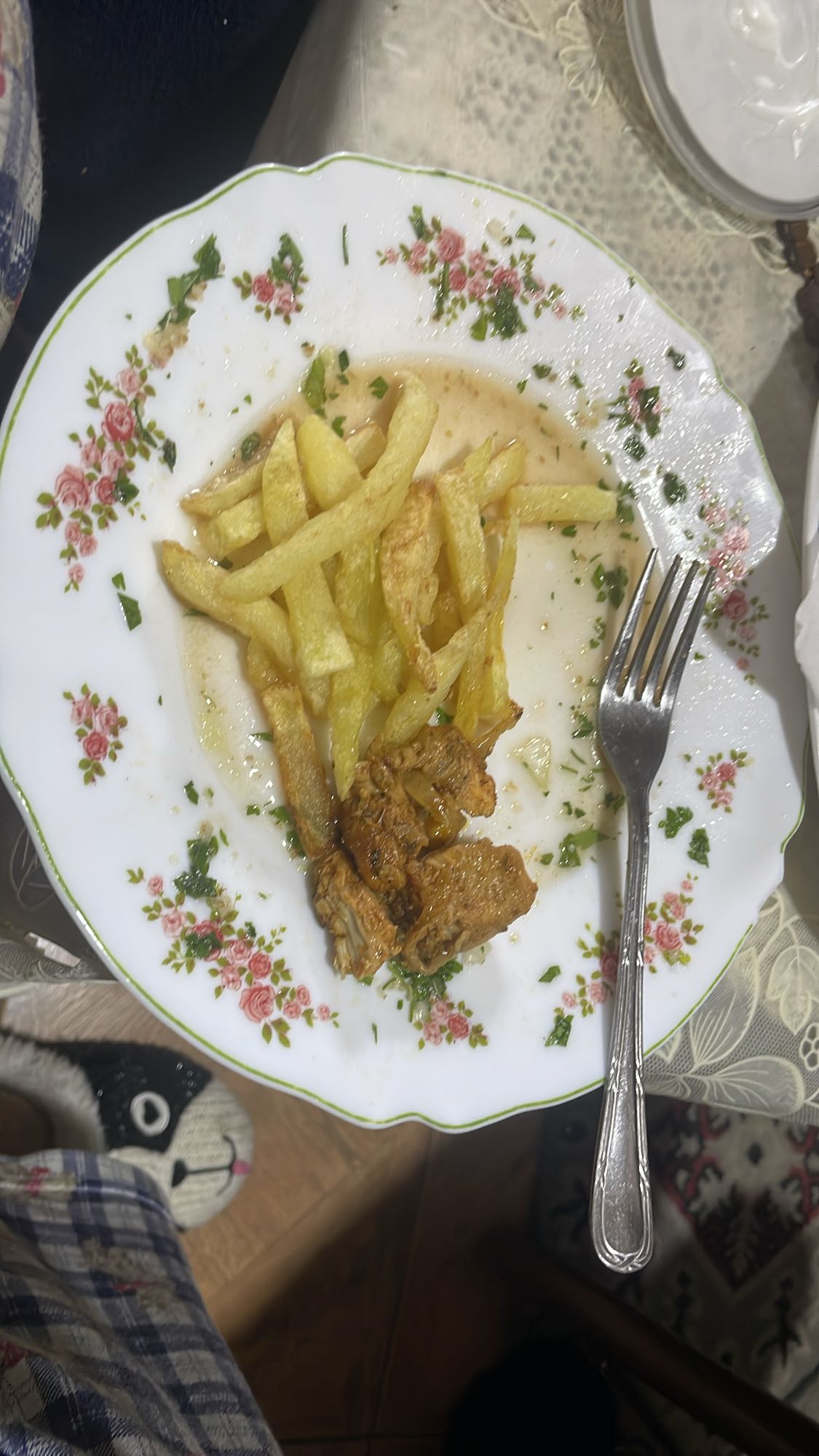 Fries and chicken pieces