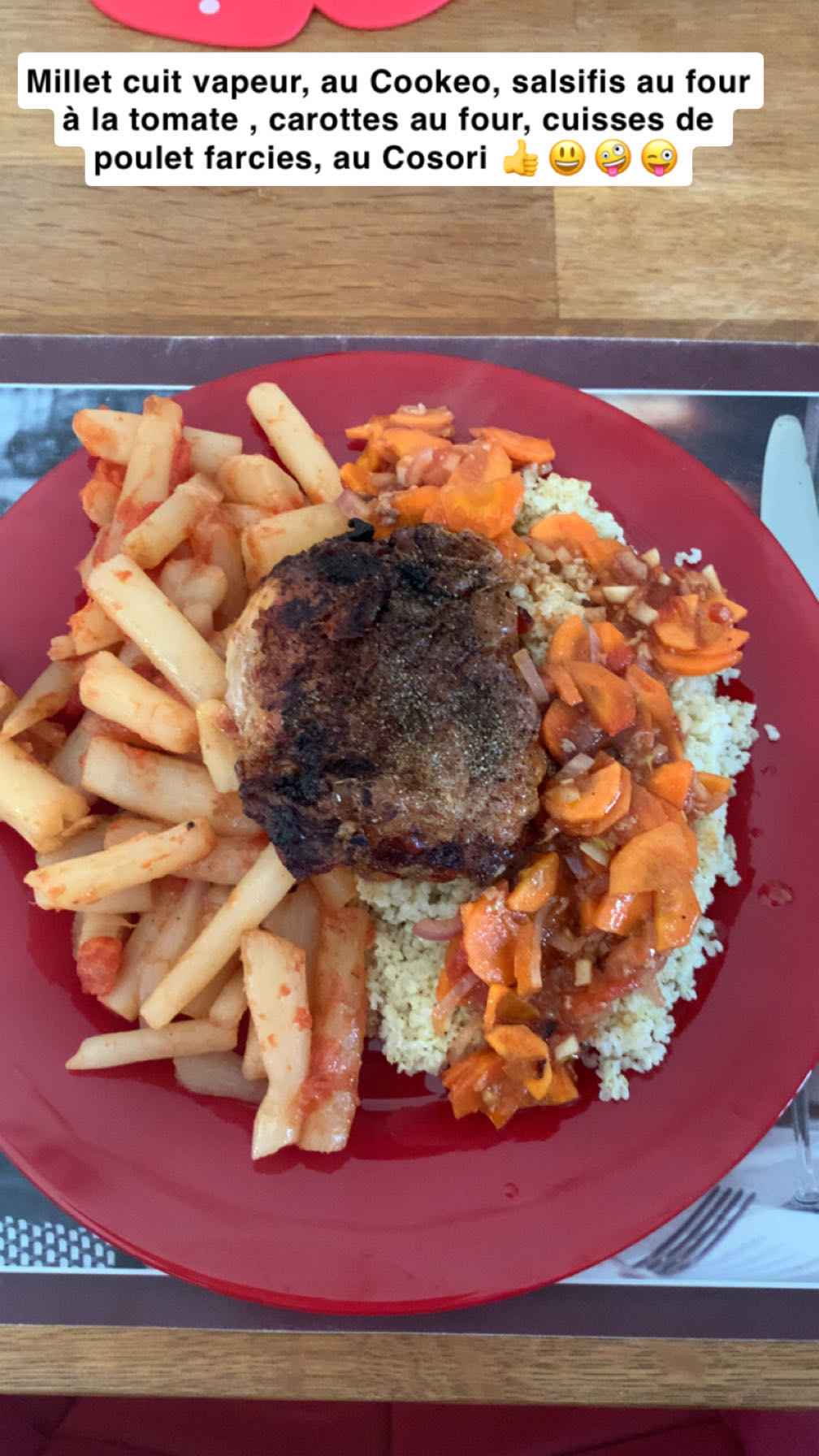 Poulet farci, millet, légumes