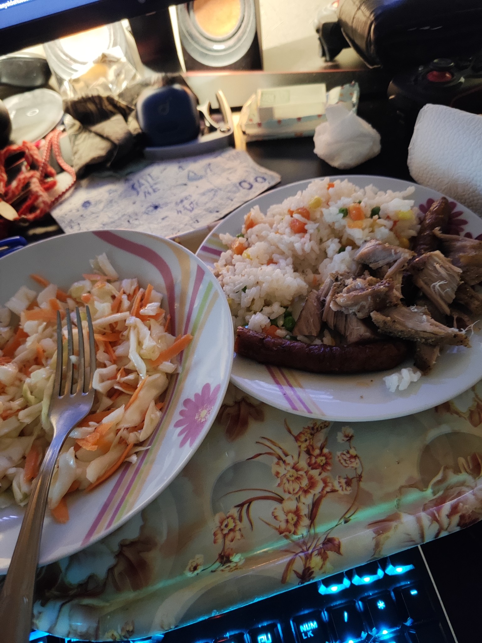 Rice, pork, sausage, salad