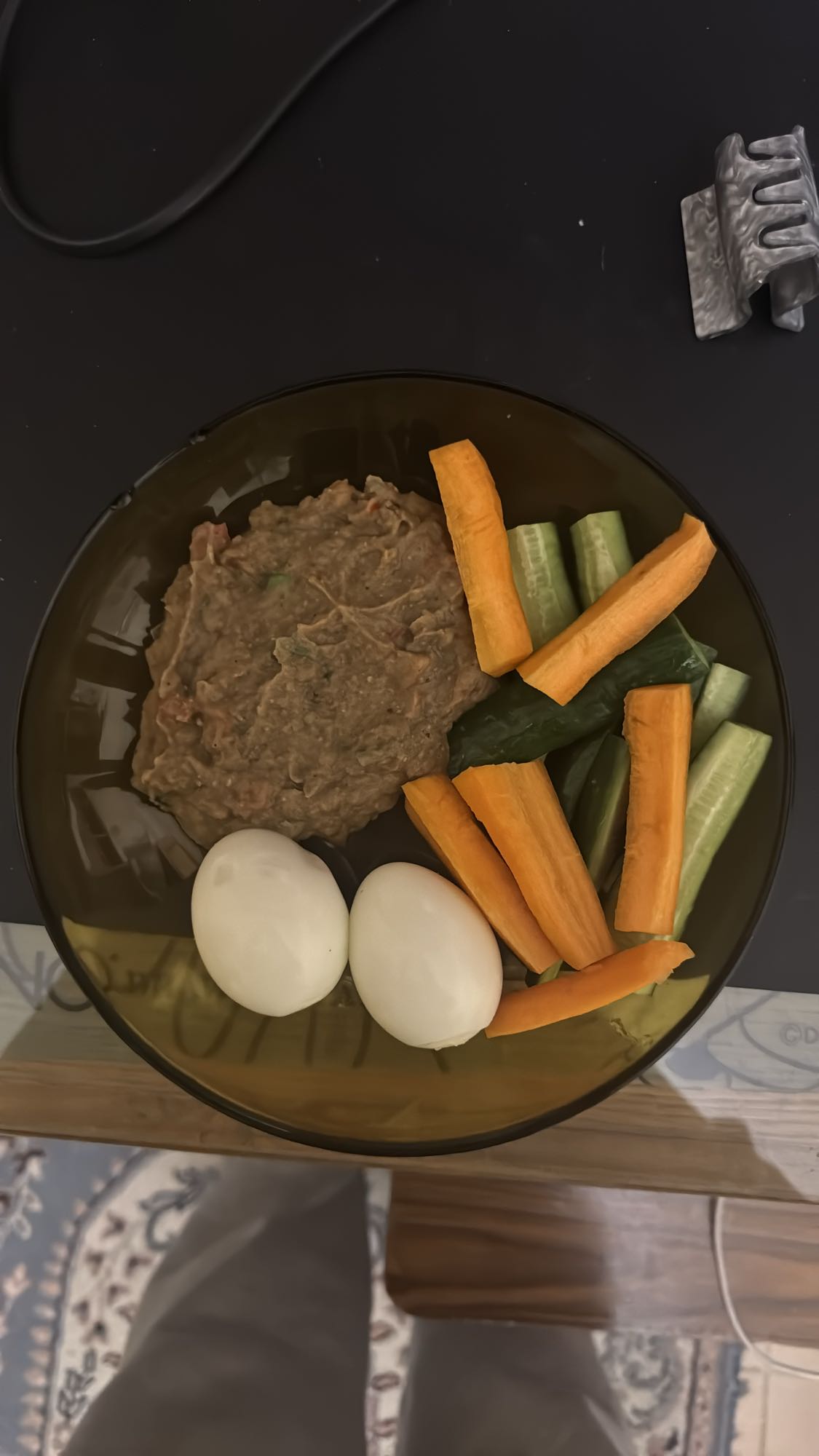 Eggs, veggies, bean dip