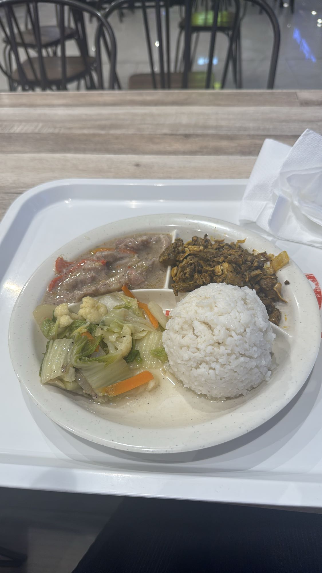 Rice with pork bicol express, bopis, veggies, mushrooms