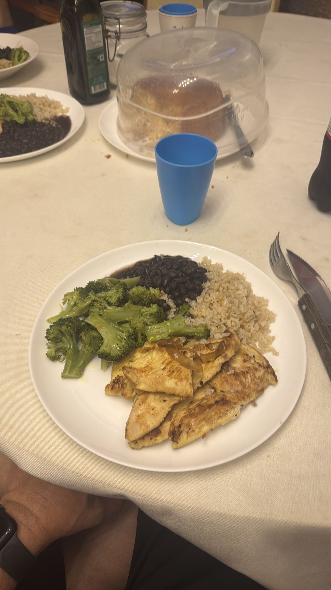 Frango, arroz, feijão e brócolis