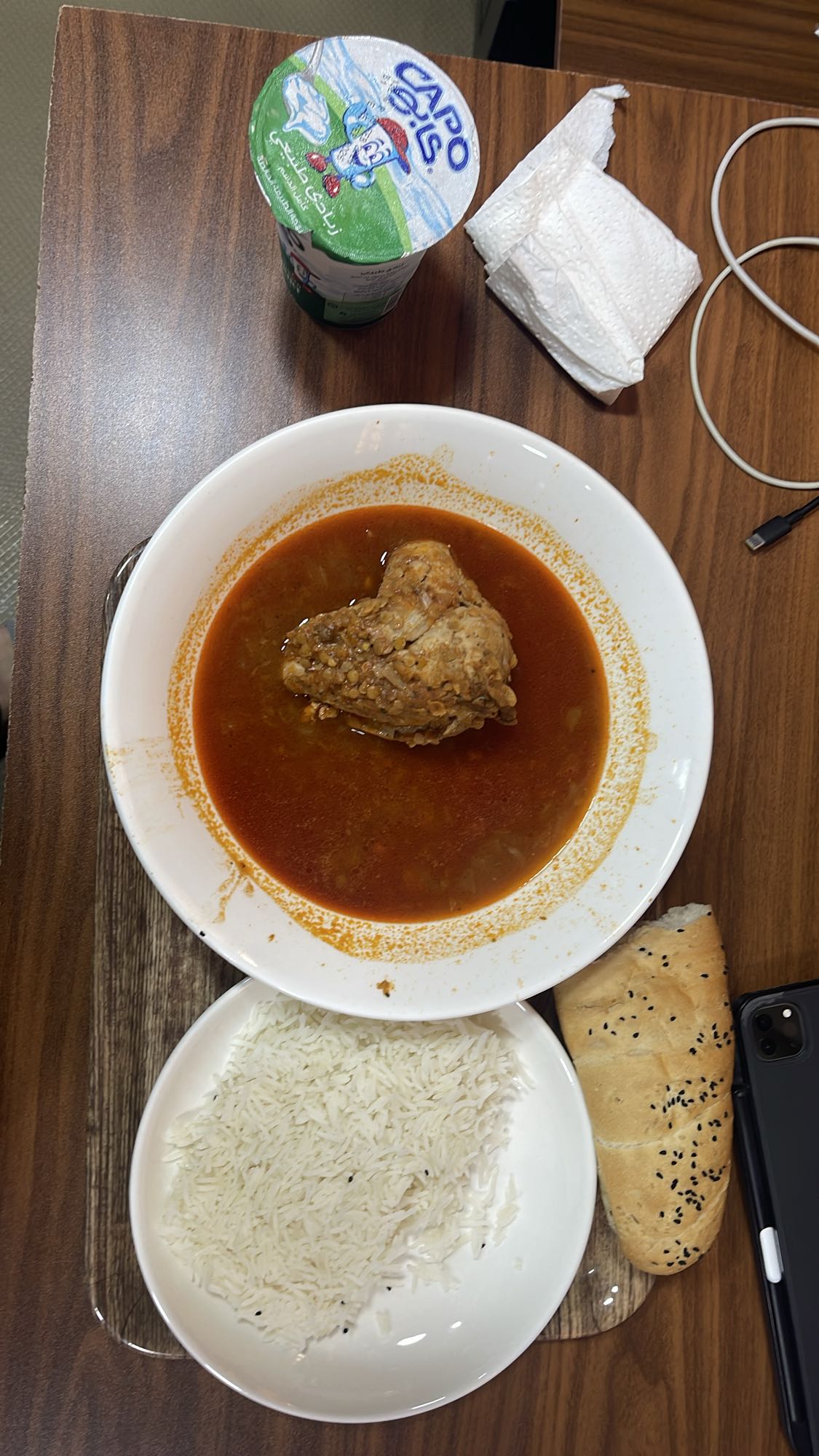 Chicken stew with rice and bread