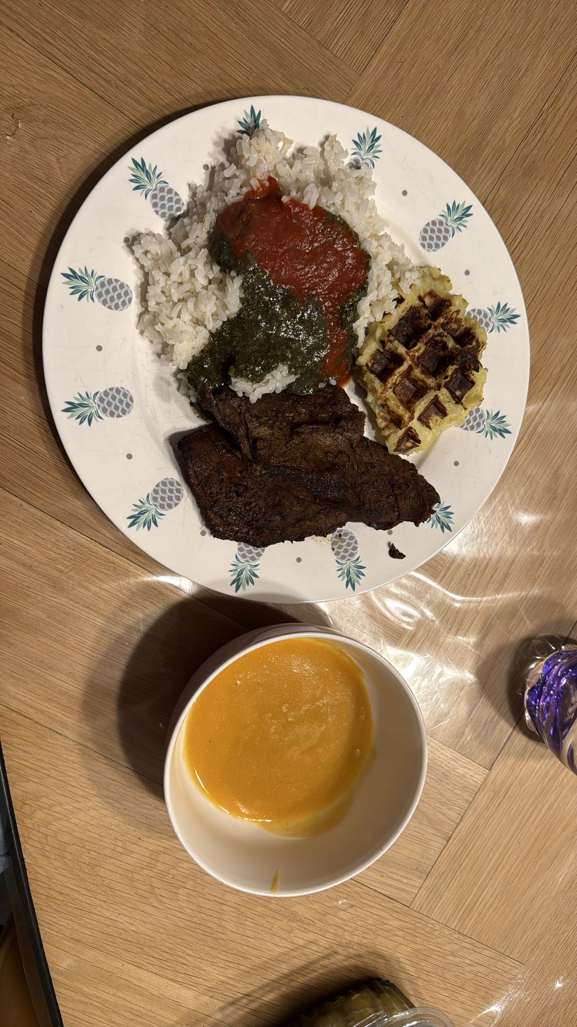 Rice, steak, waffle, lentil soup
