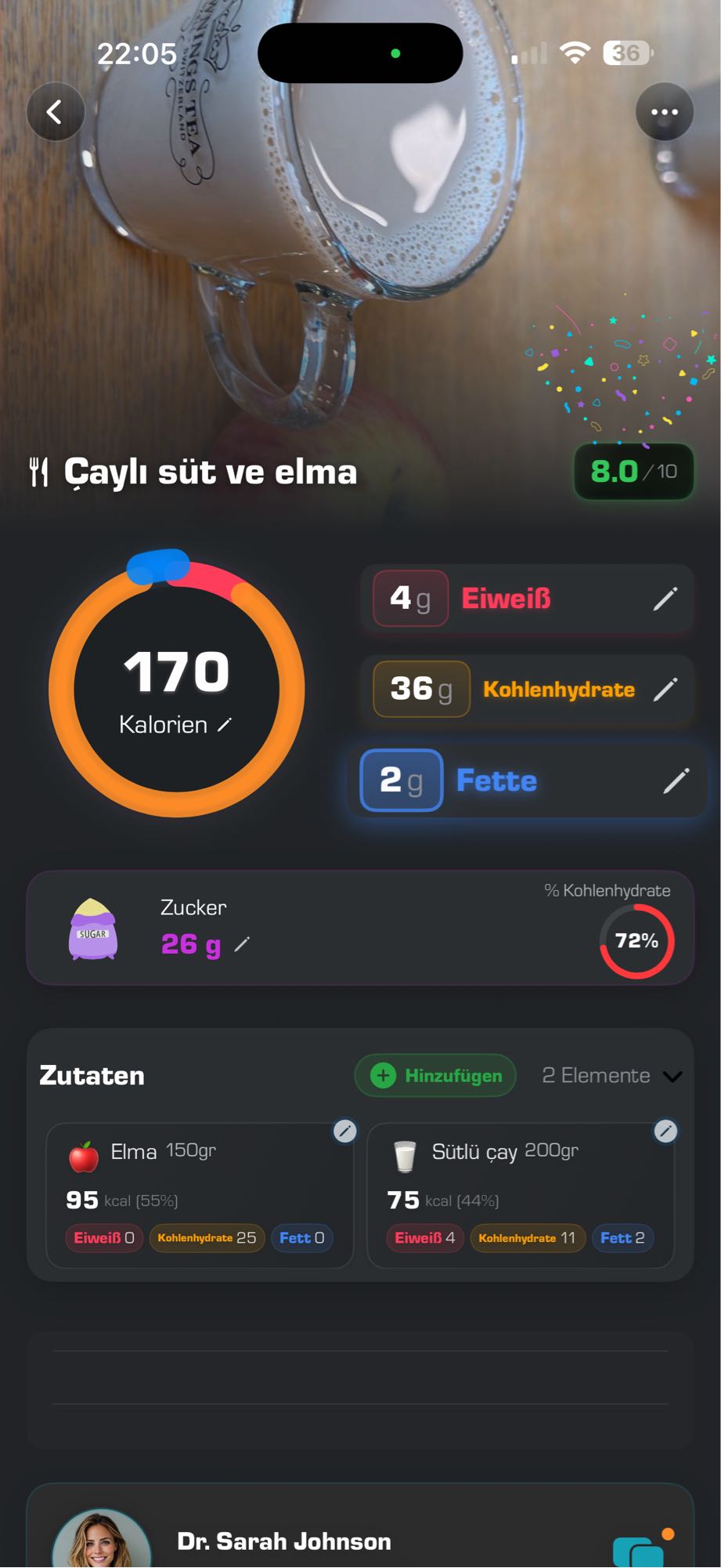 Çaylı süt ve elma