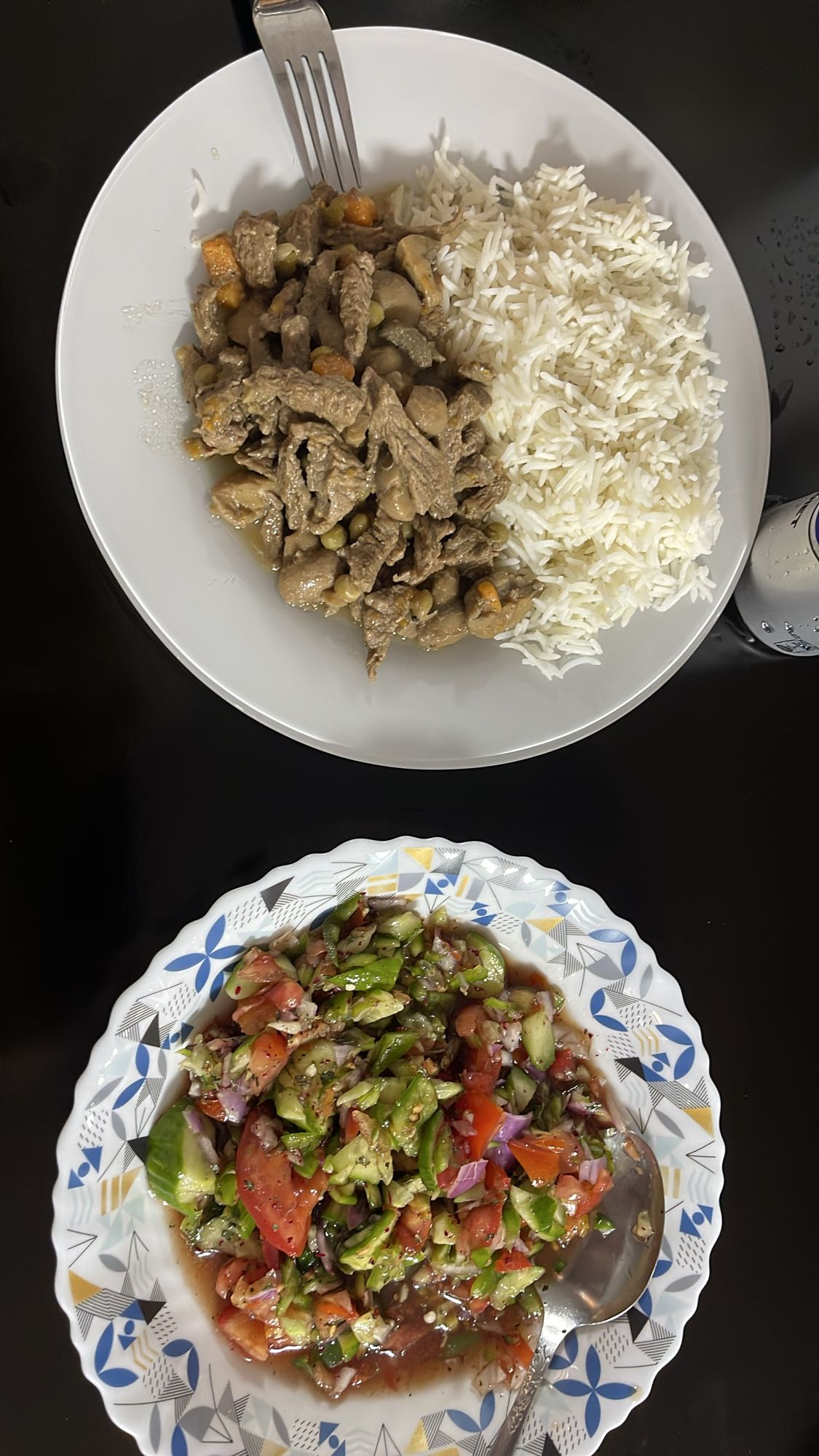 Beef stir-fry, rice, salad