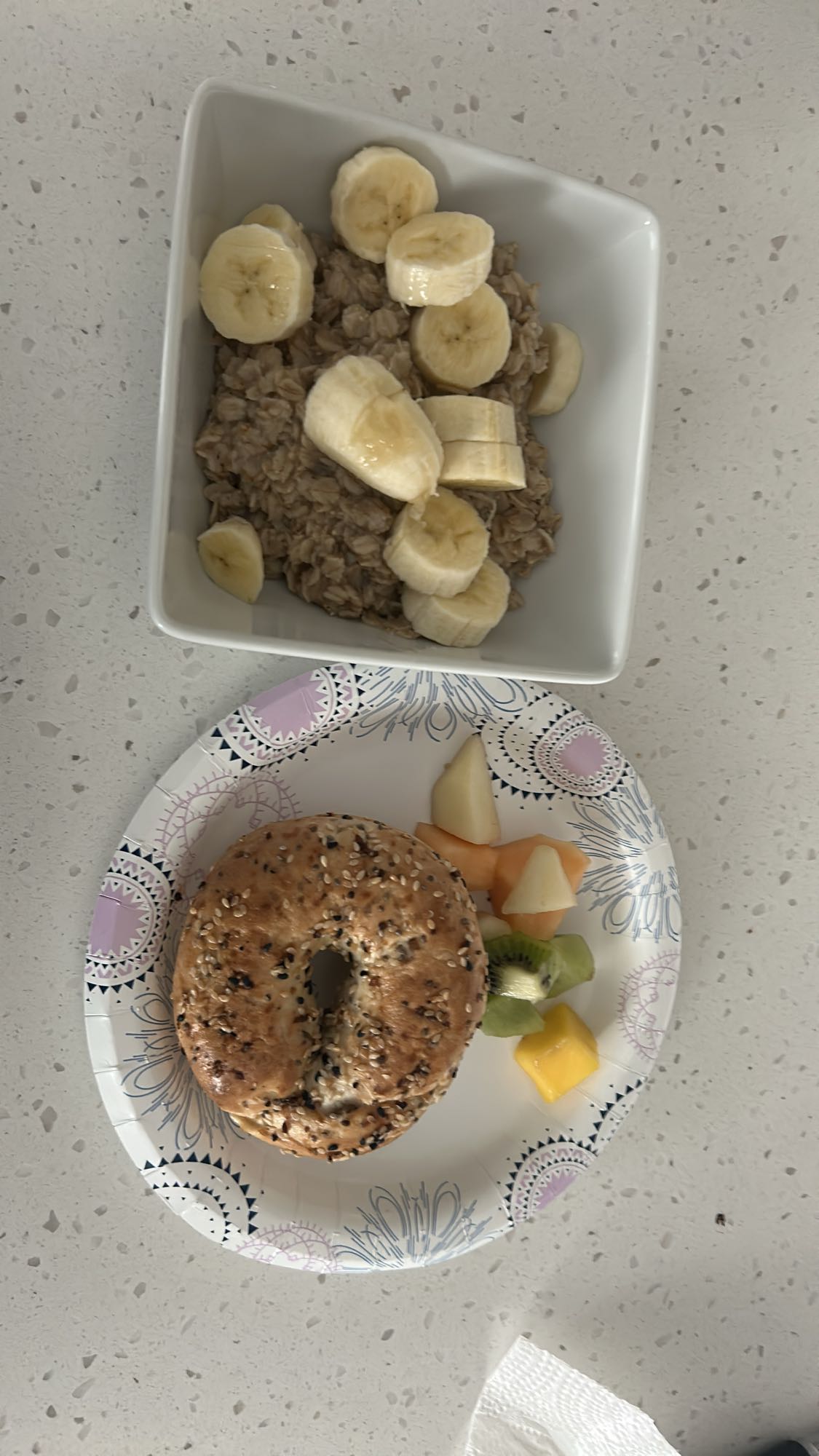Oatmeal, bagel, fruit