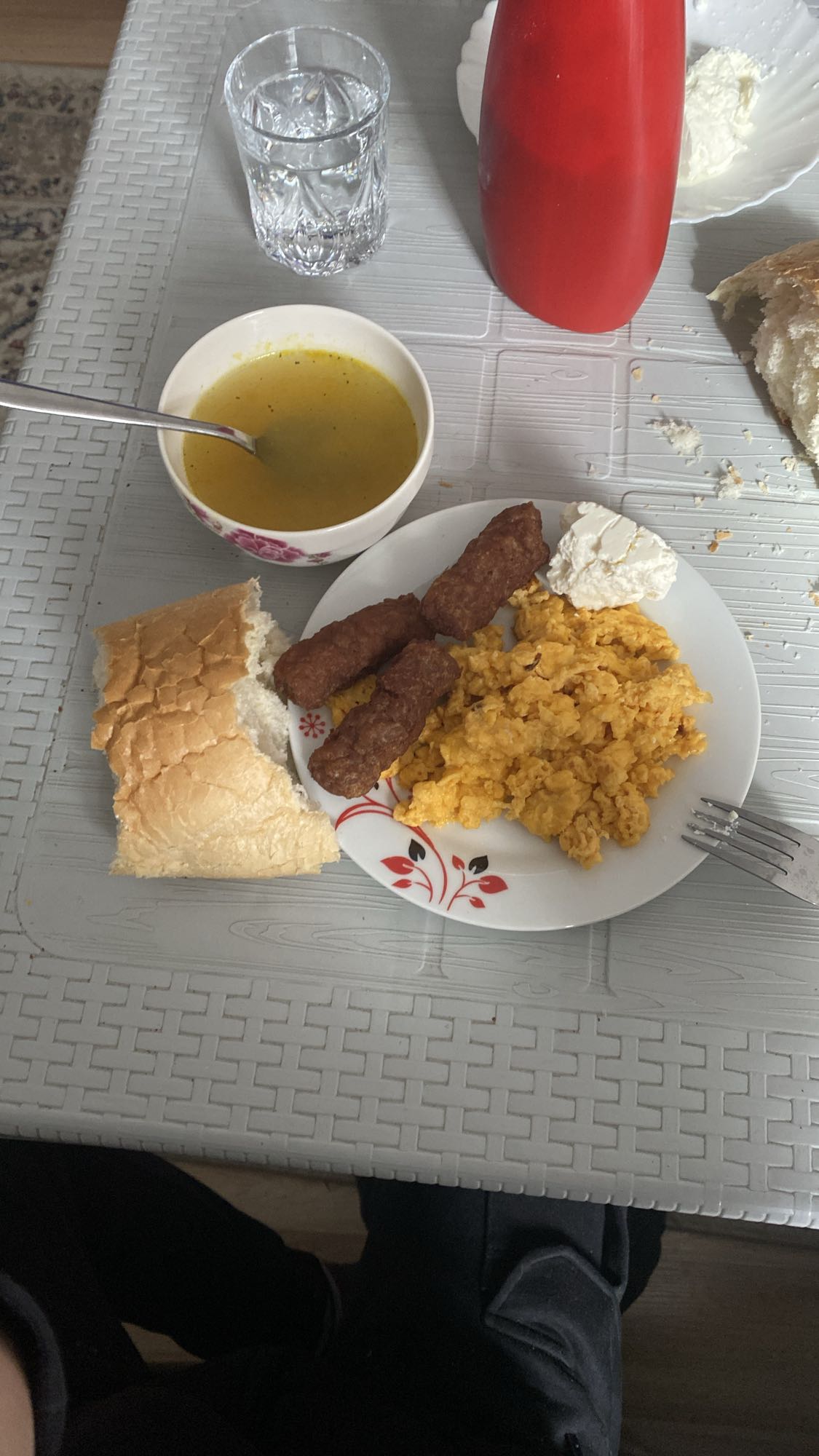 Eggs, sausage, bread, soup