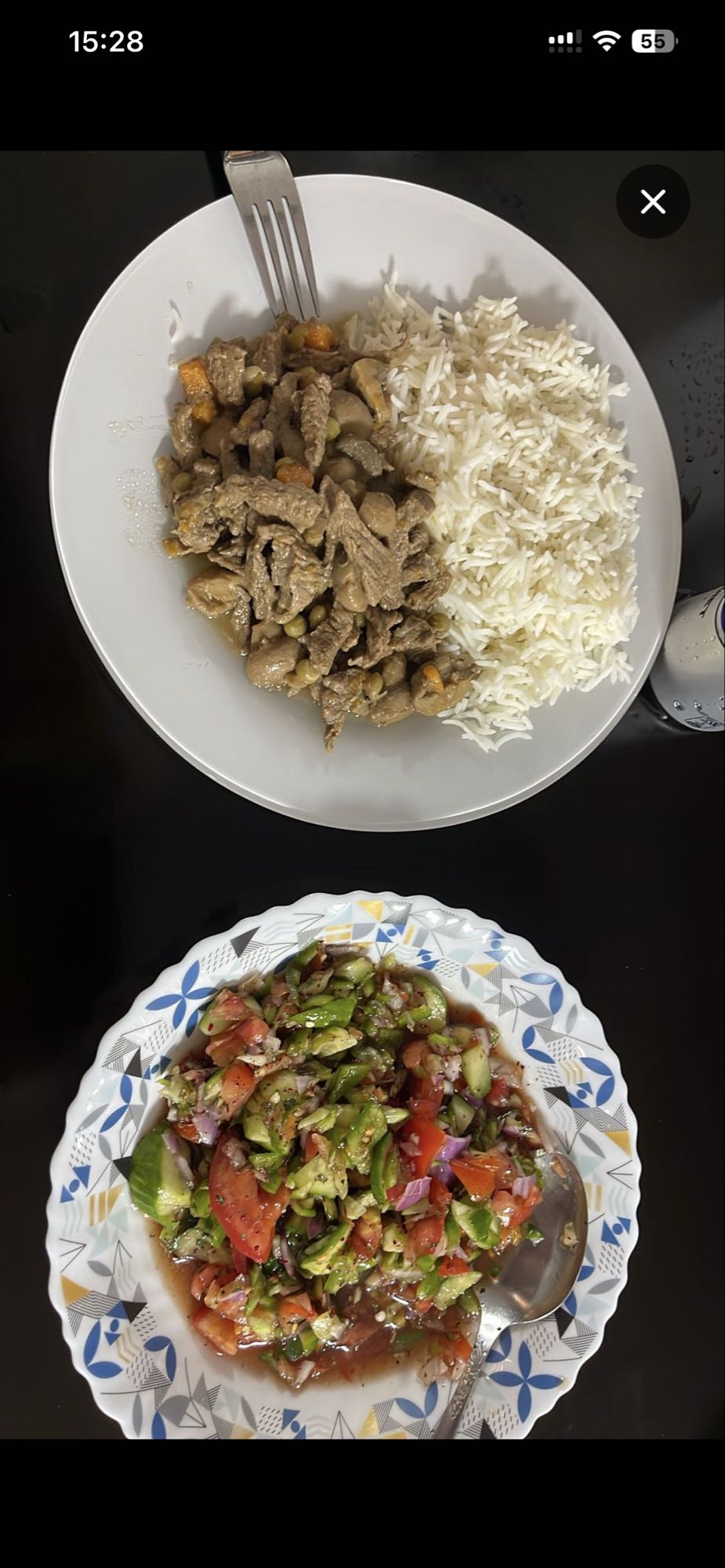 Beef stir fry, rice, salad
