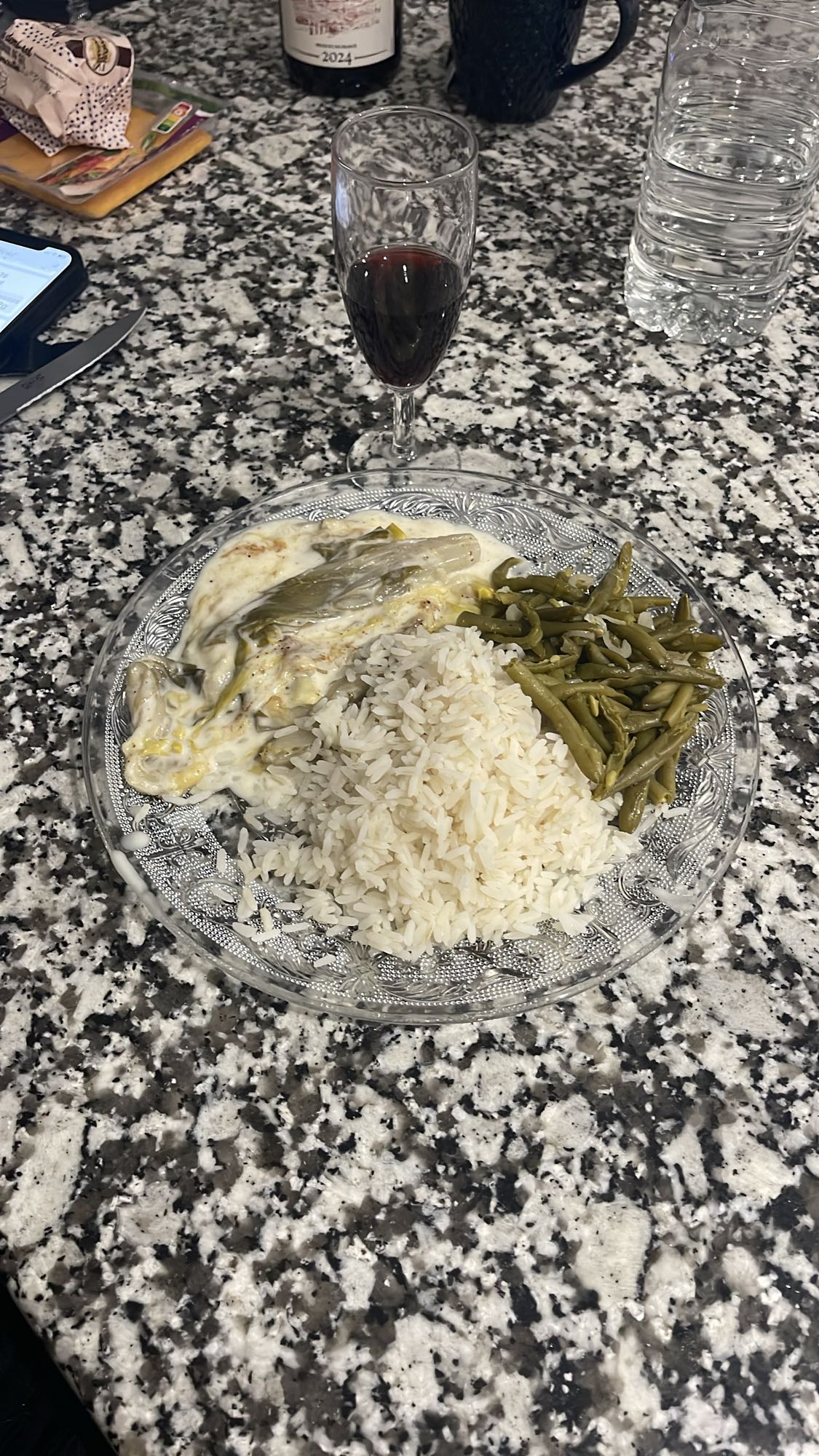 Riz, haricots verts, gratin