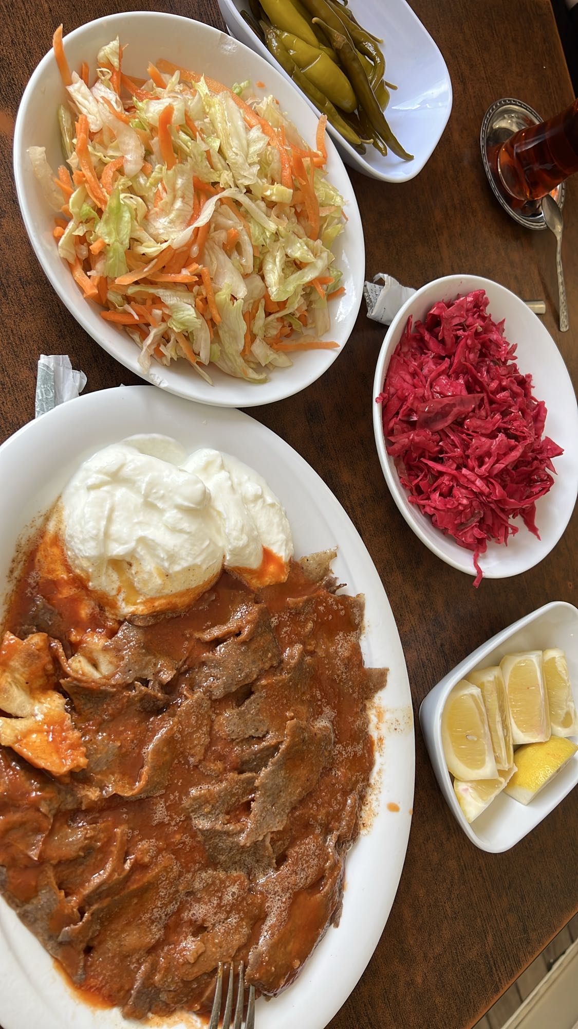 Iskender kebab with salads
