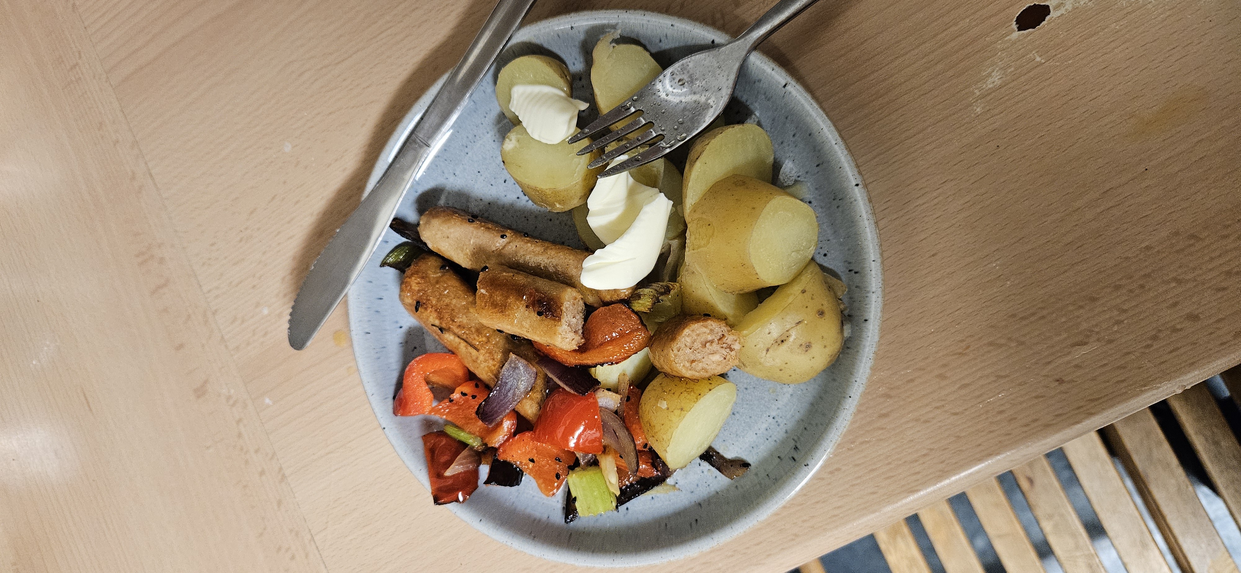 Sausage, potatoes, veggies