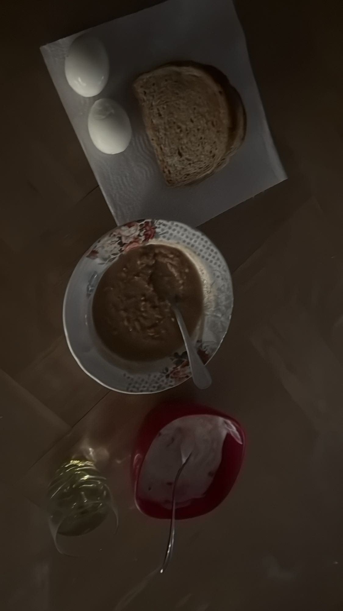 Eggs, bread, porridge, yogurt