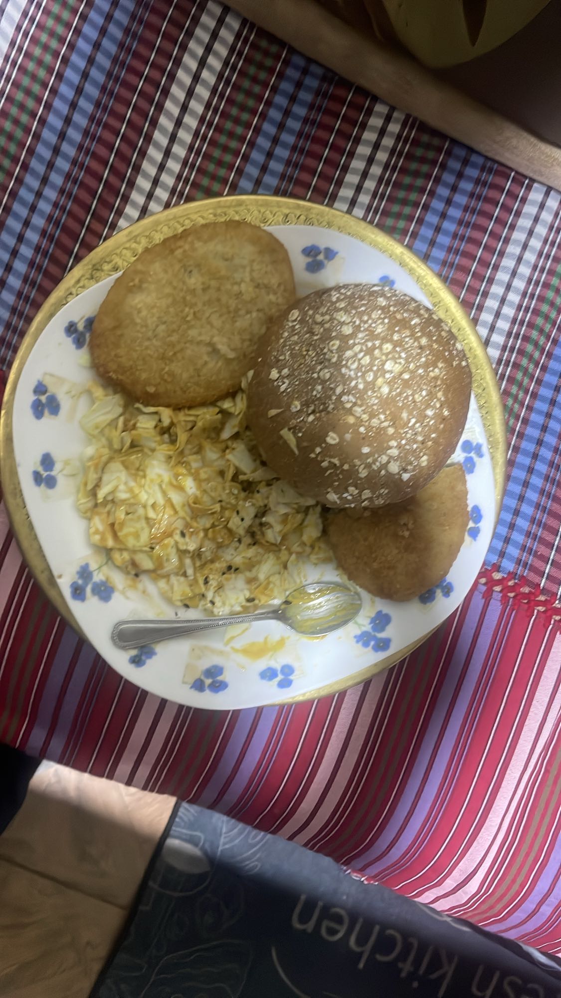 Bread, hashbrowns, cabbage