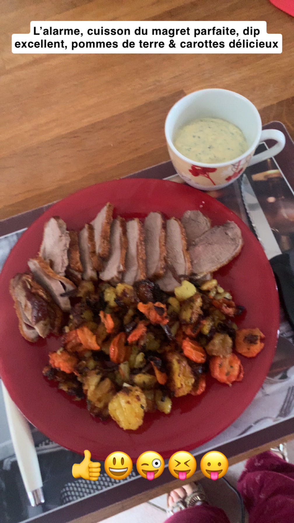 Magret, légumes rôtis, dip