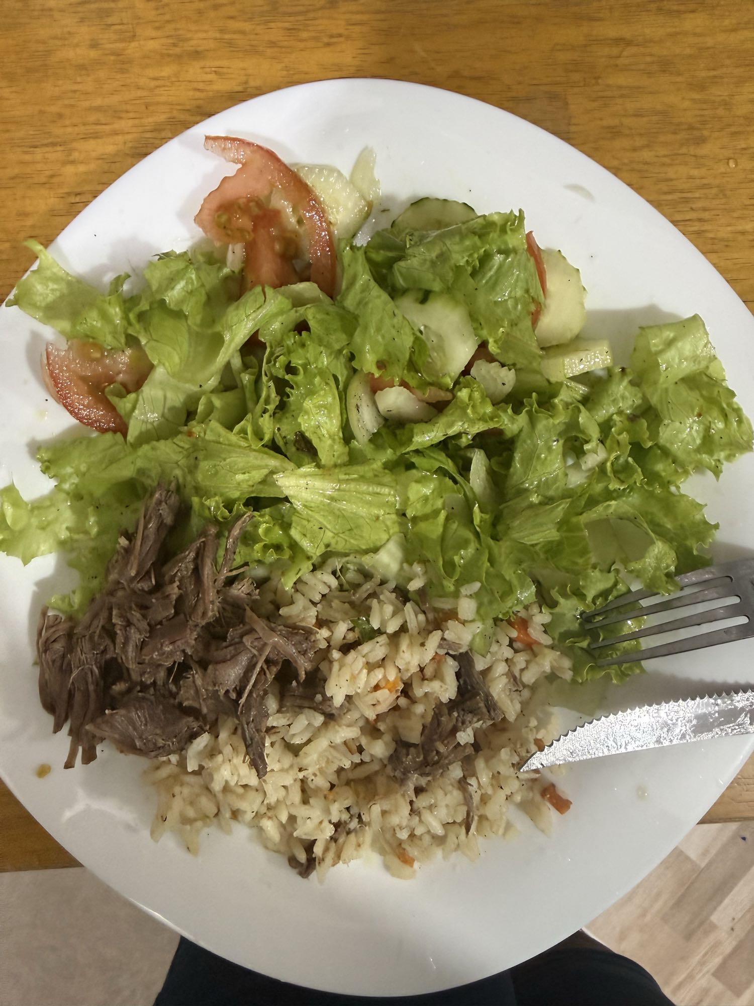 Arroz, carne e salada
