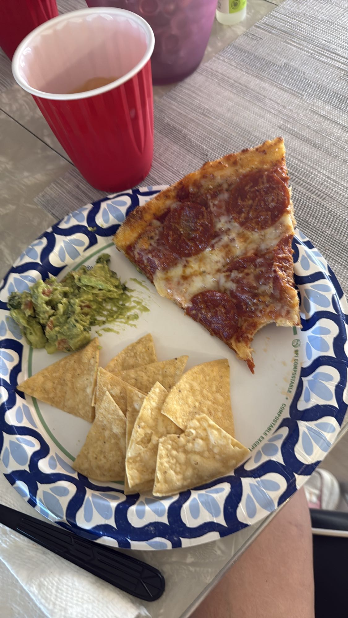 Pizza, chips, guacamole
