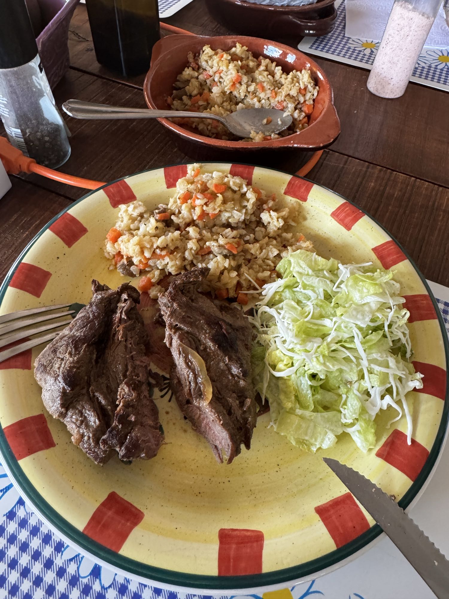 Carne con arroz y ensalada