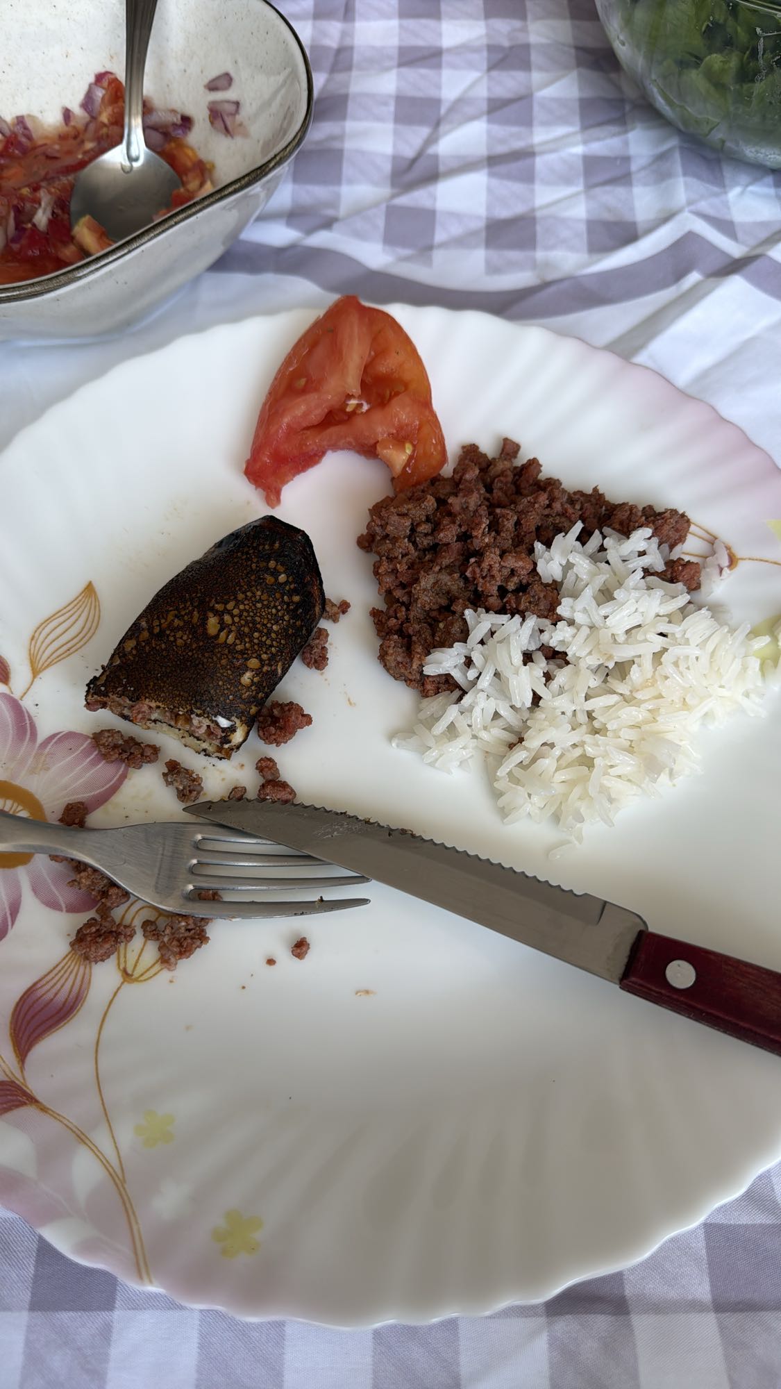 Arroz, carne moída e legumes