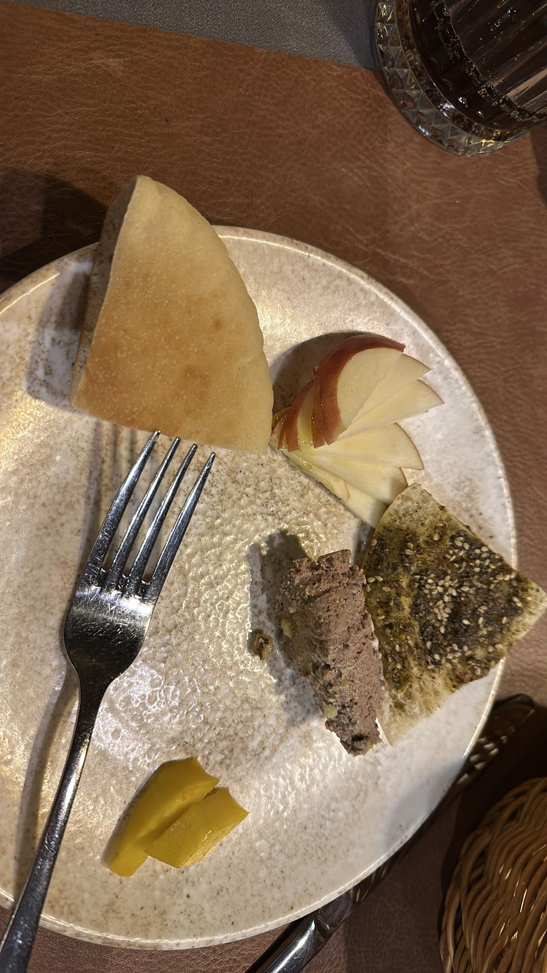 Bread, pate, apple, pickle