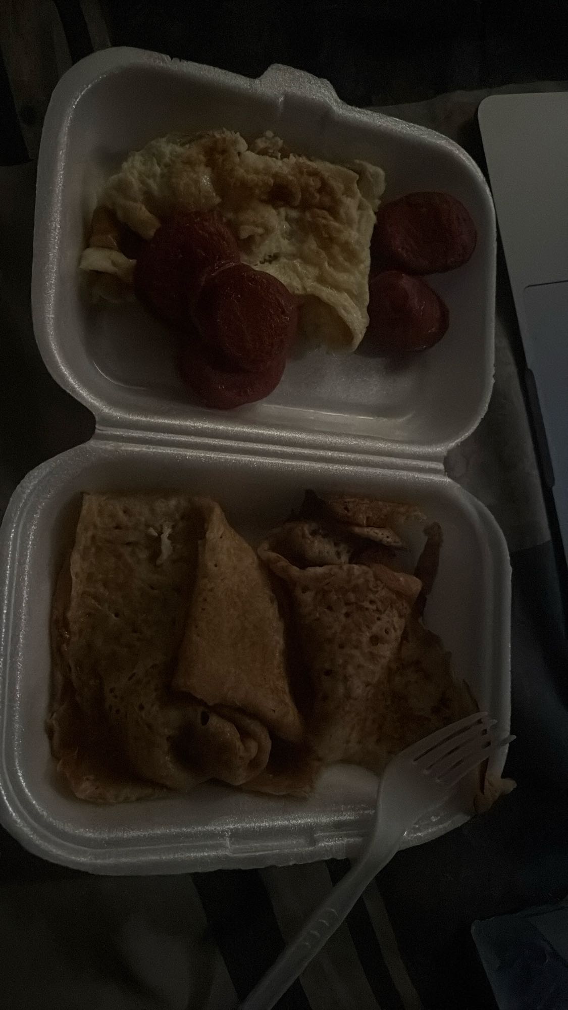 Omelette, sausage, crepes