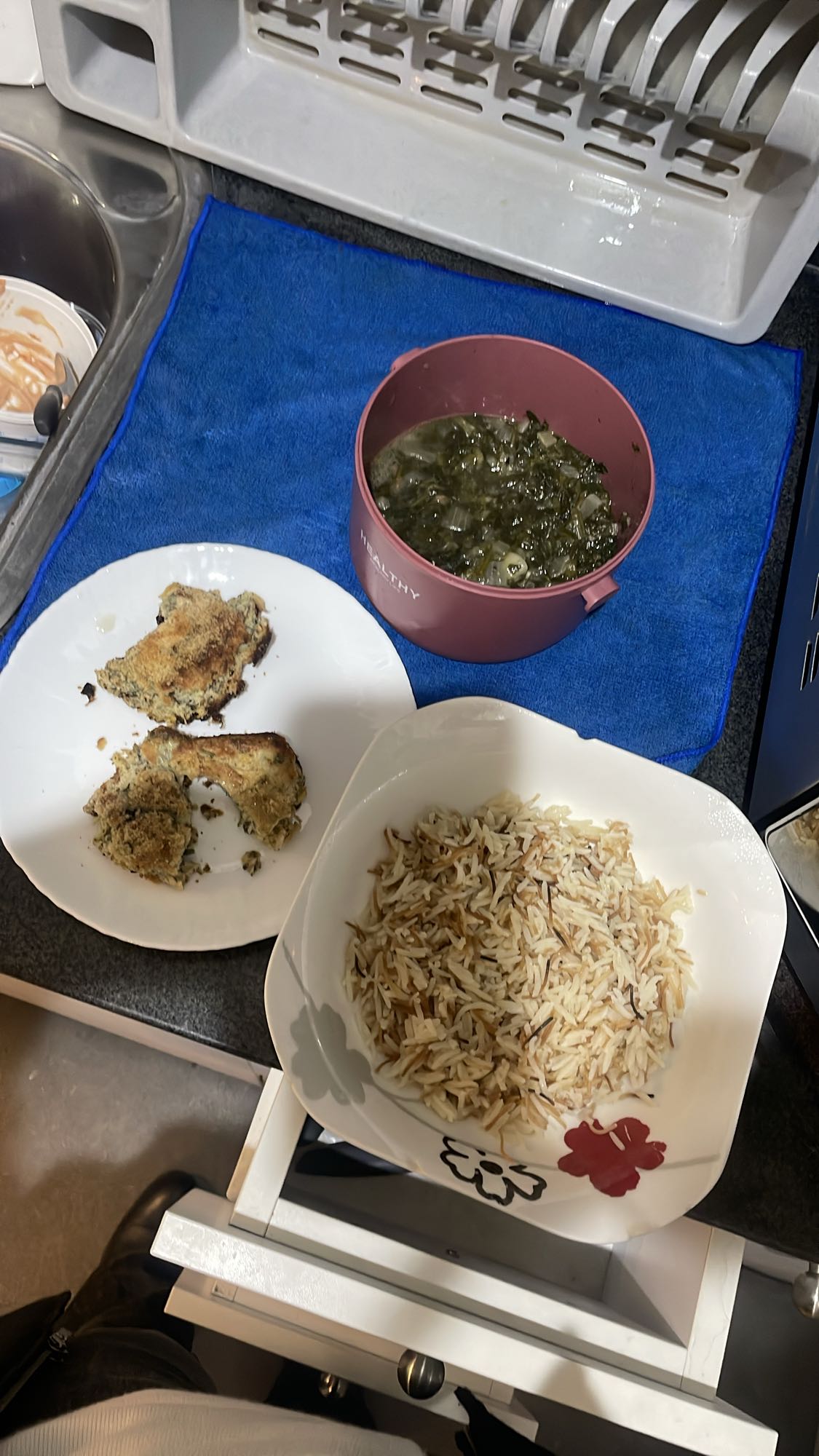 Chicken, rice, greens