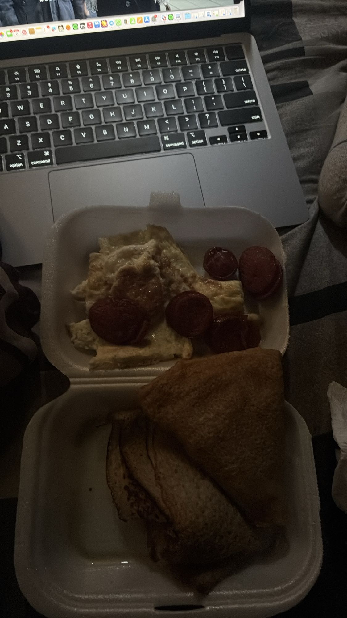 Eggs, sausage, crepes