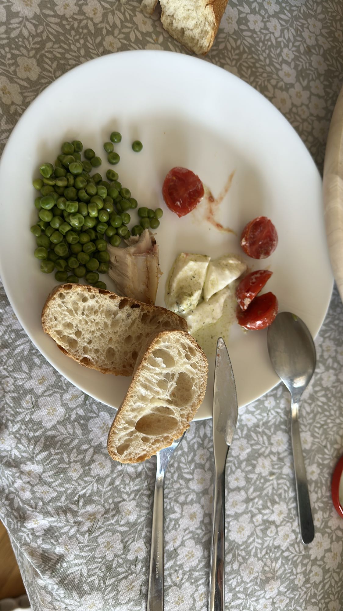Peas, bread, fish, cheese