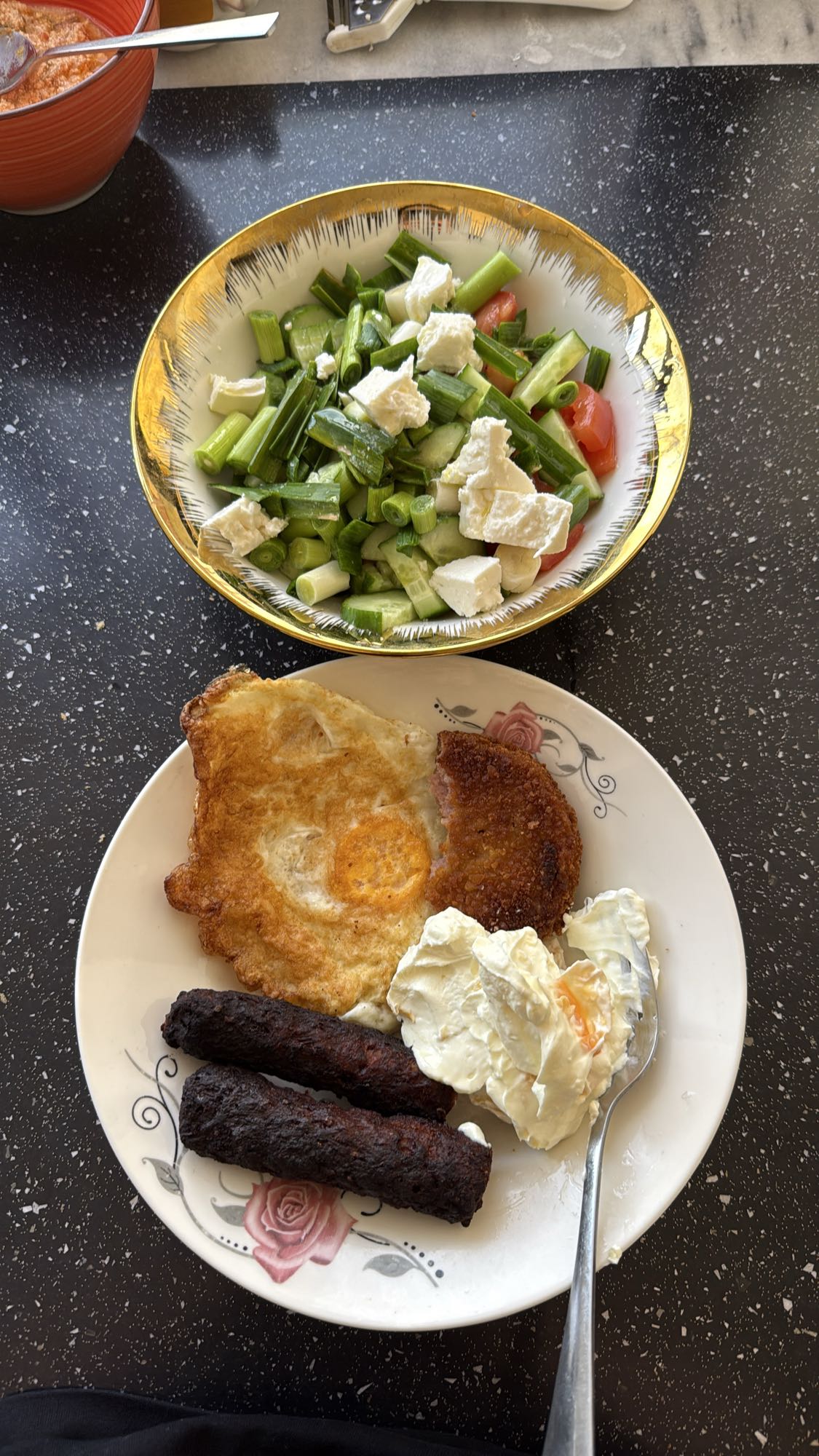 Egg, sausage, salad plate