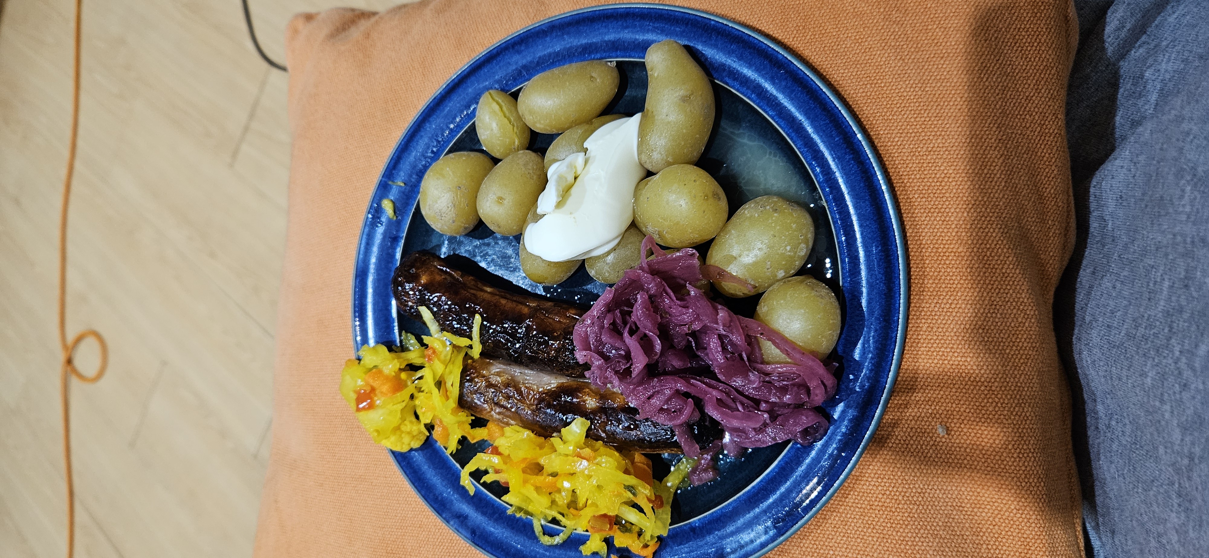 Sausage, potatoes, egg, pickles