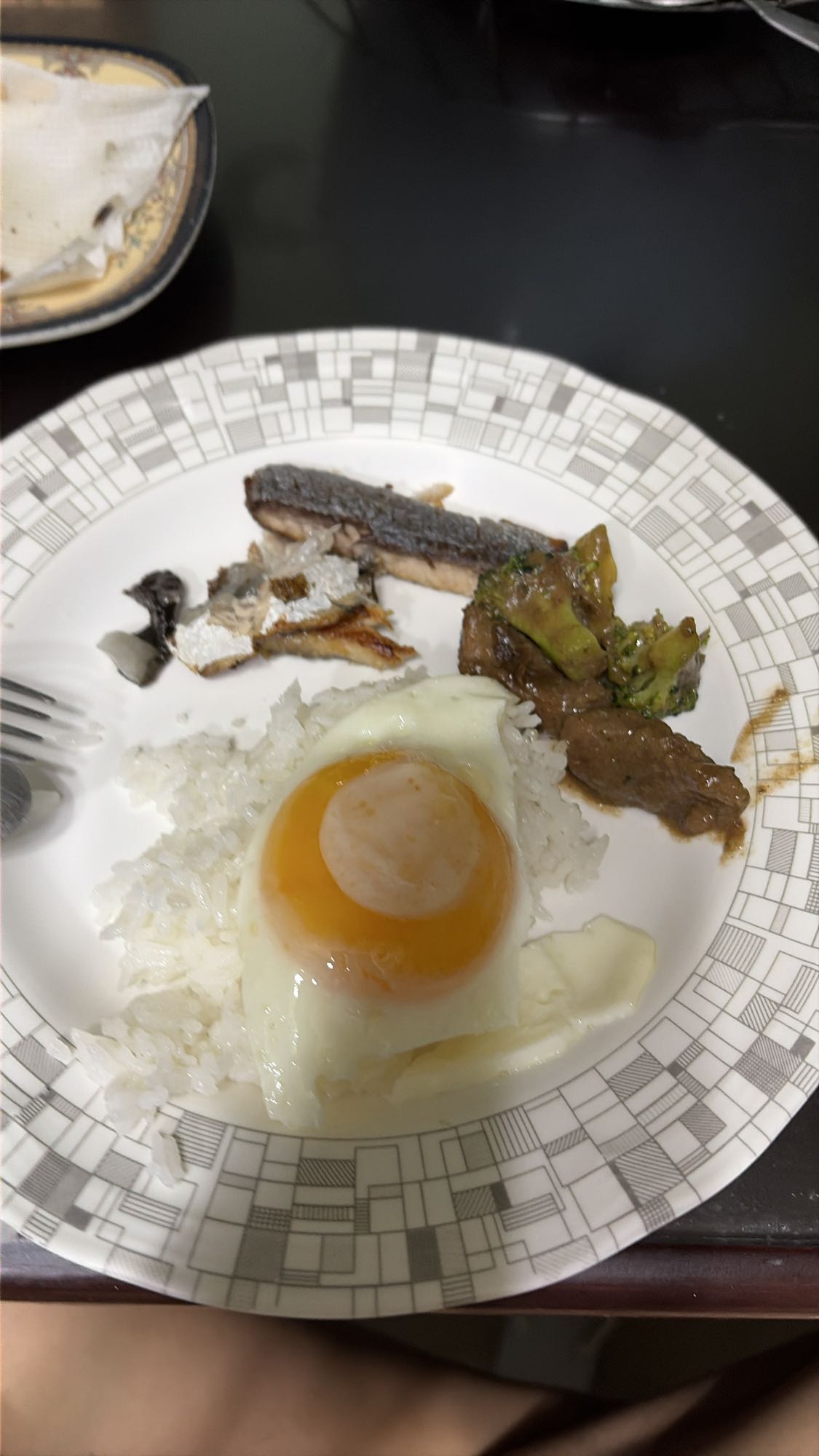 Egg, fish, rice, beef plate