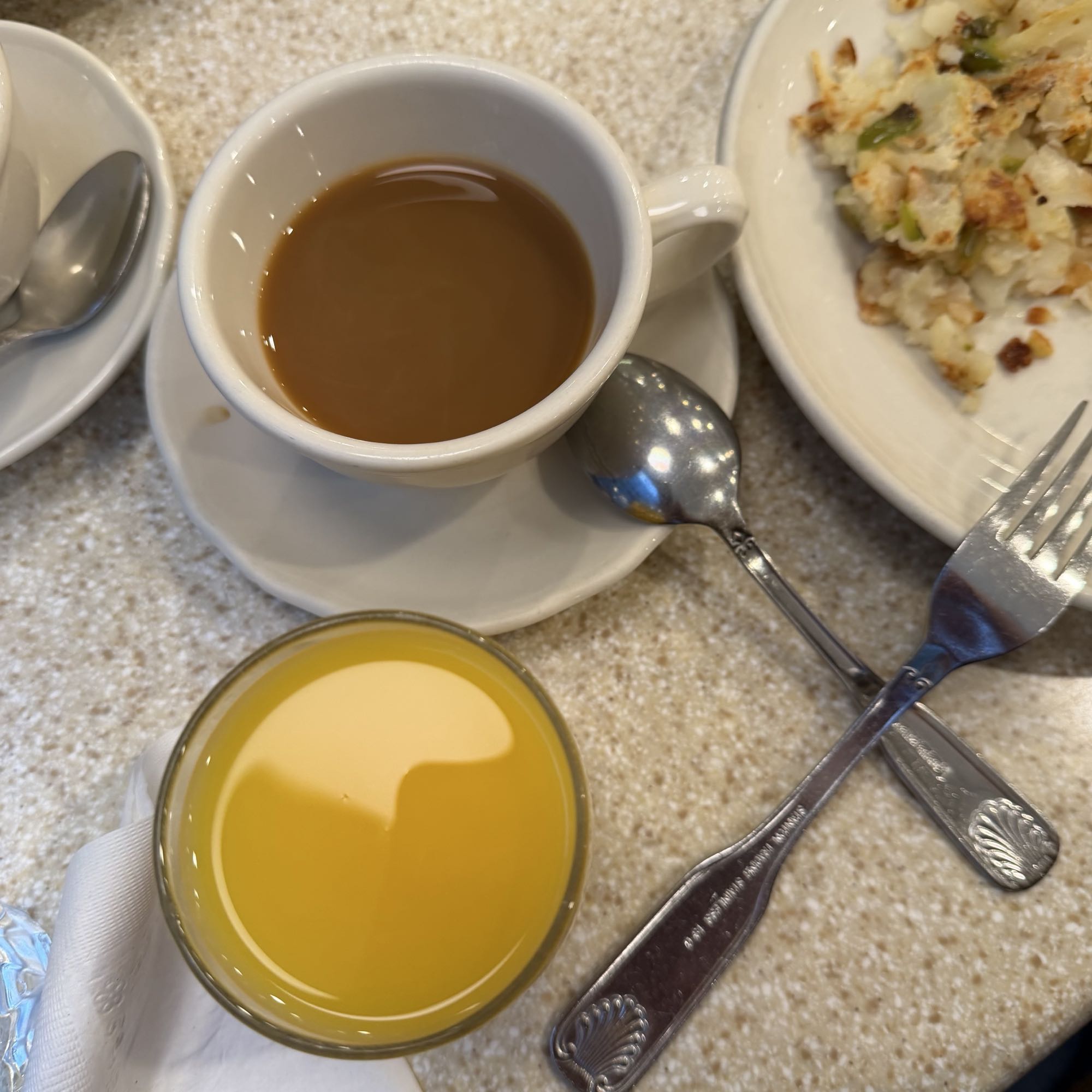 Coffee, juice, hashbrowns