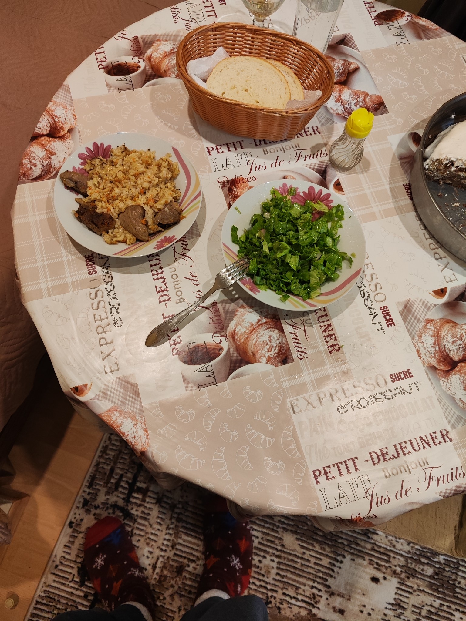 Rice, beef, salad, bread