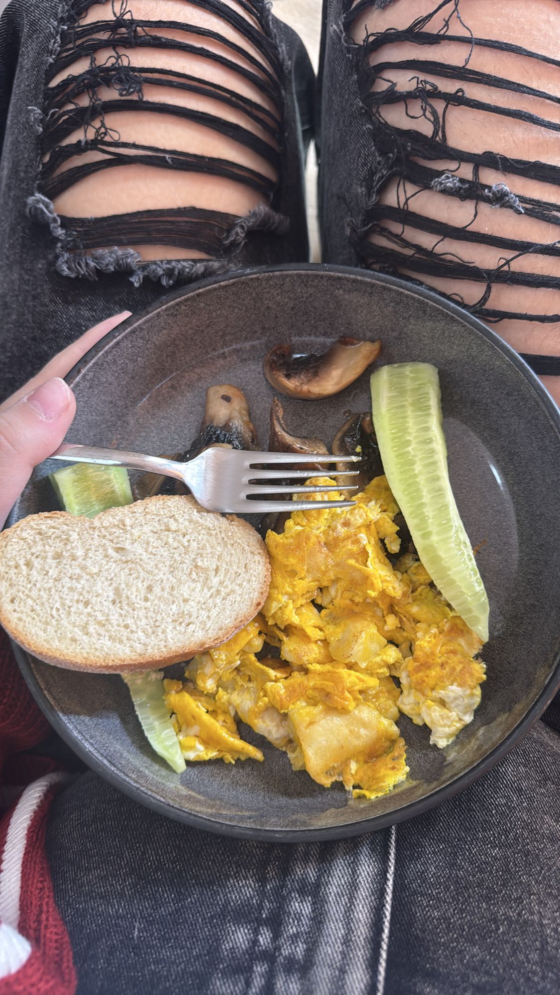 Eggs, bread, cucumber, mushroom