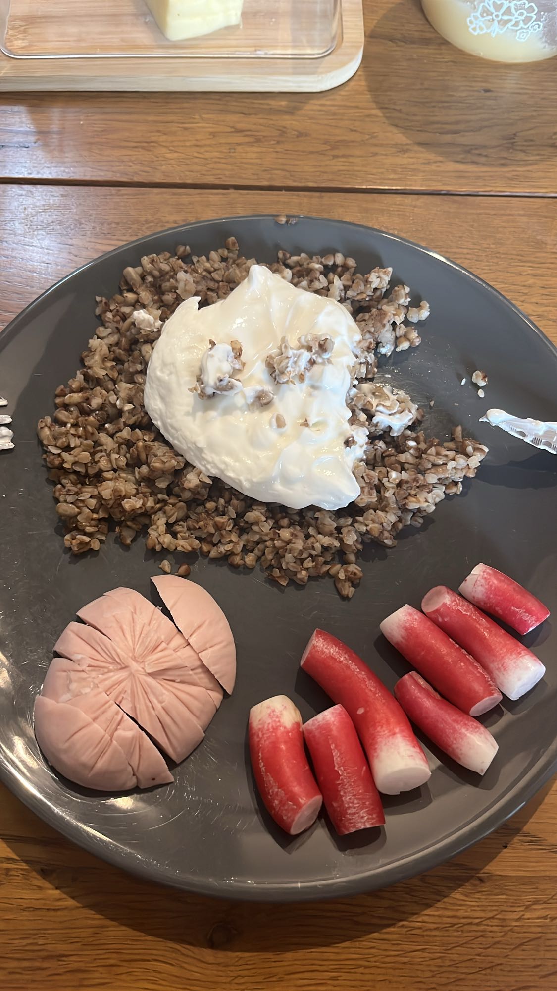 Buckwheat with sausage and radish