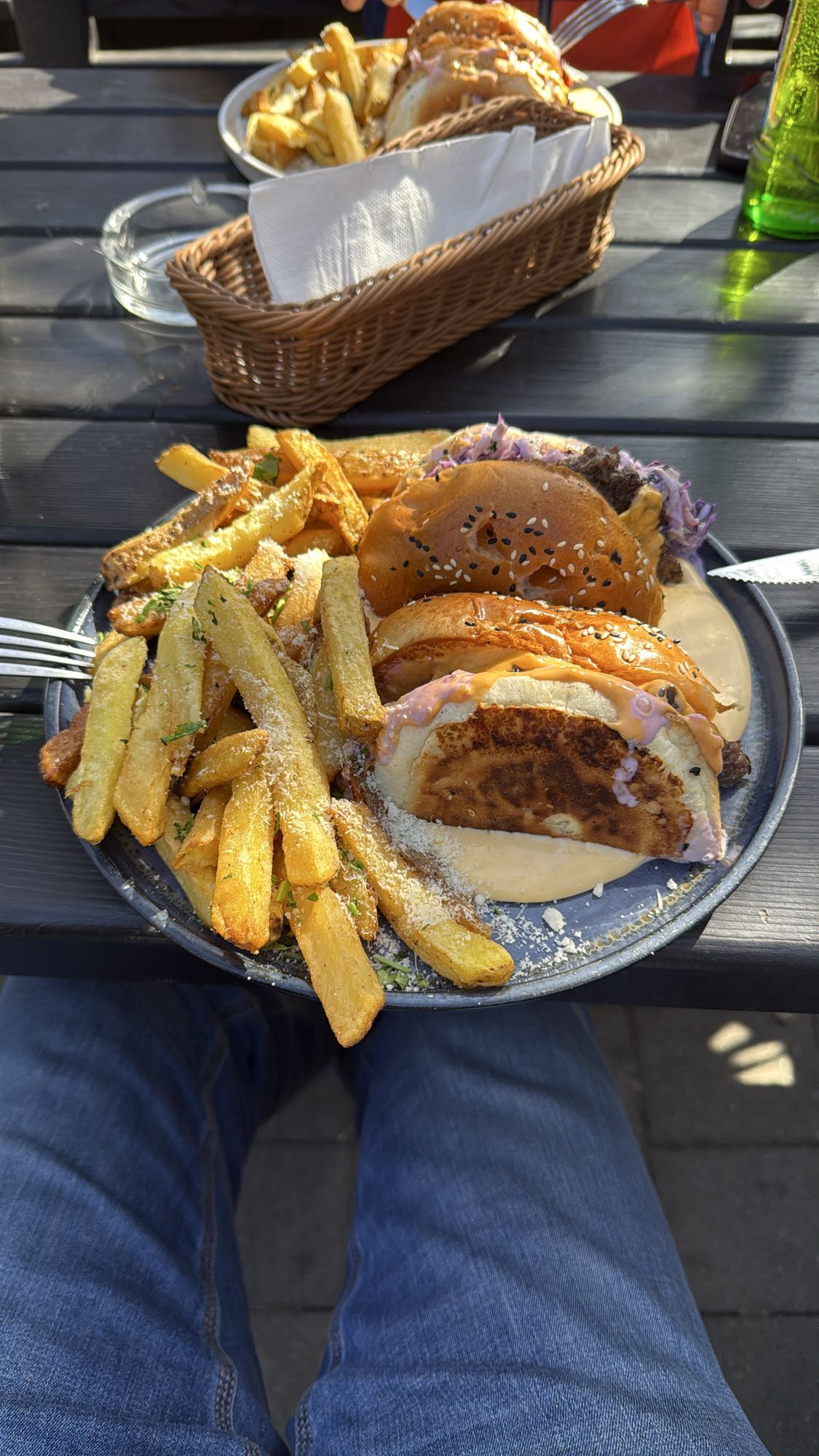 Burger, fries, and sauce