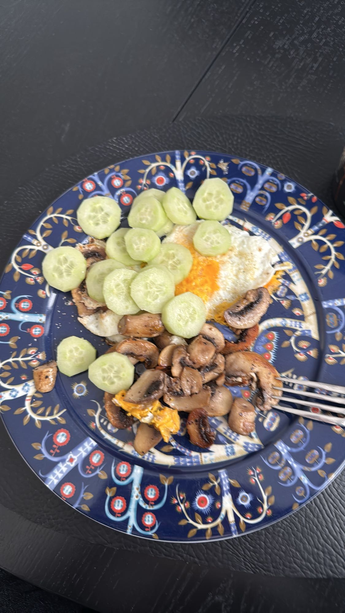 Egg, mushroom, cucumber plate