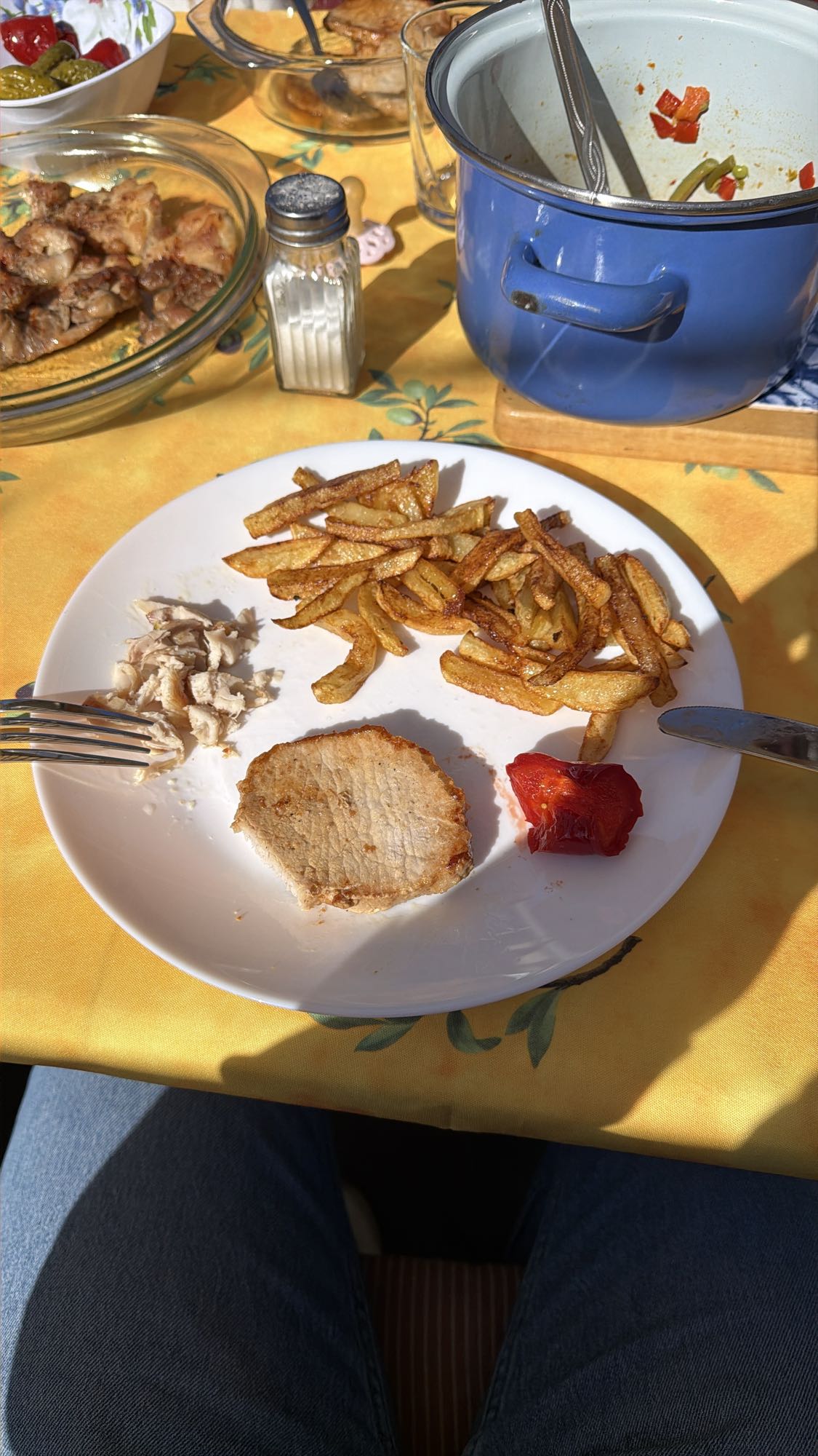 Pork, fries, chicken, pepper