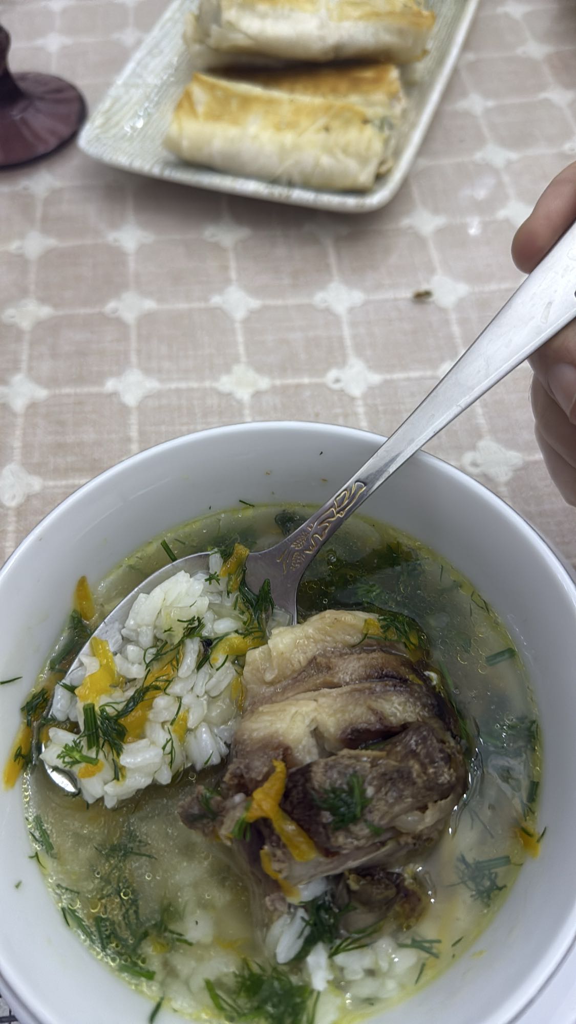 рисовый суп с мясом и пирог