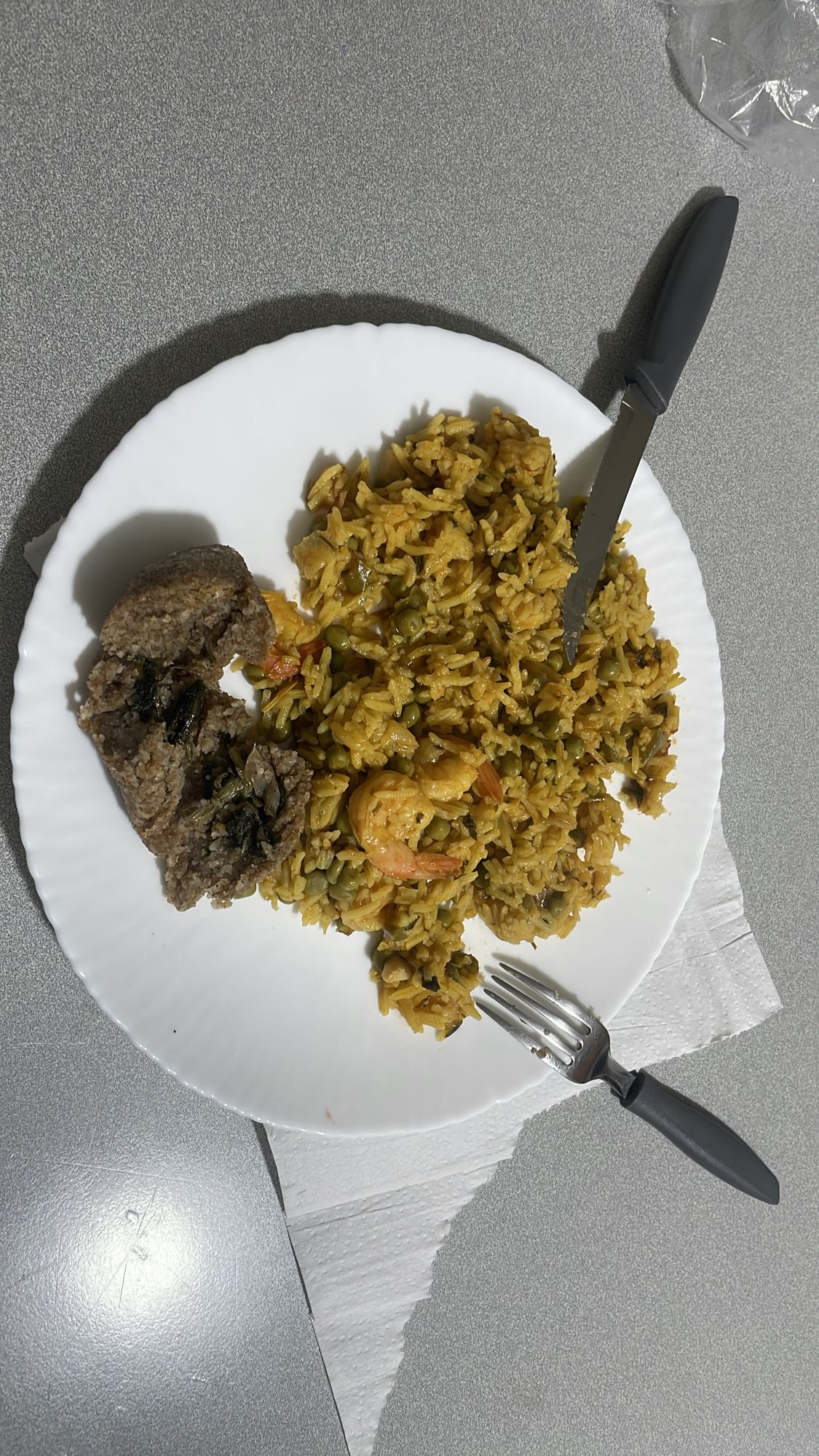 Shrimp rice with meat patty