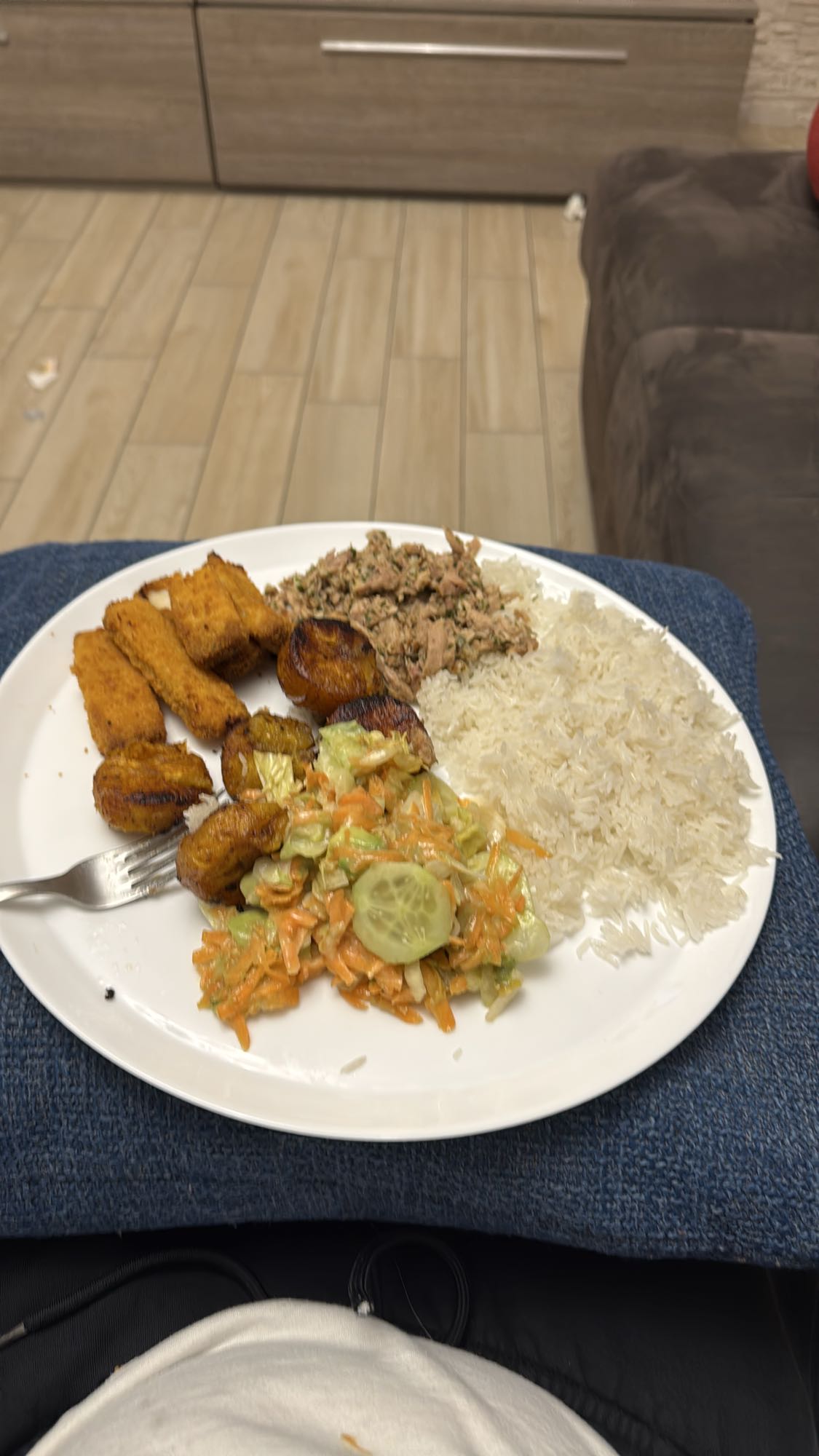 Rice, plantain, salad, fish