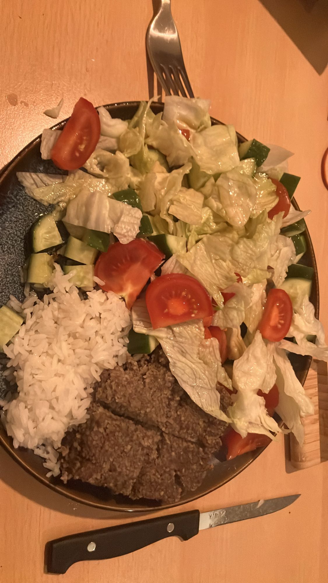 Arroz, carne e salada