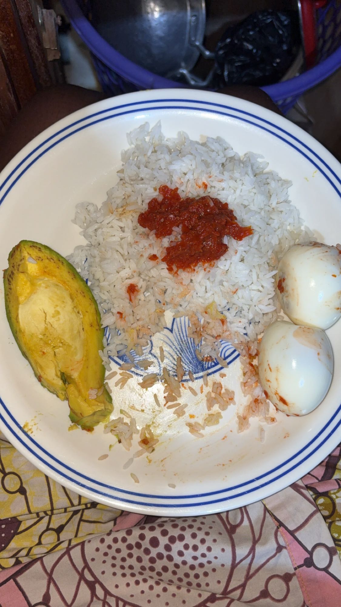 Rice, eggs, avocado, sauce