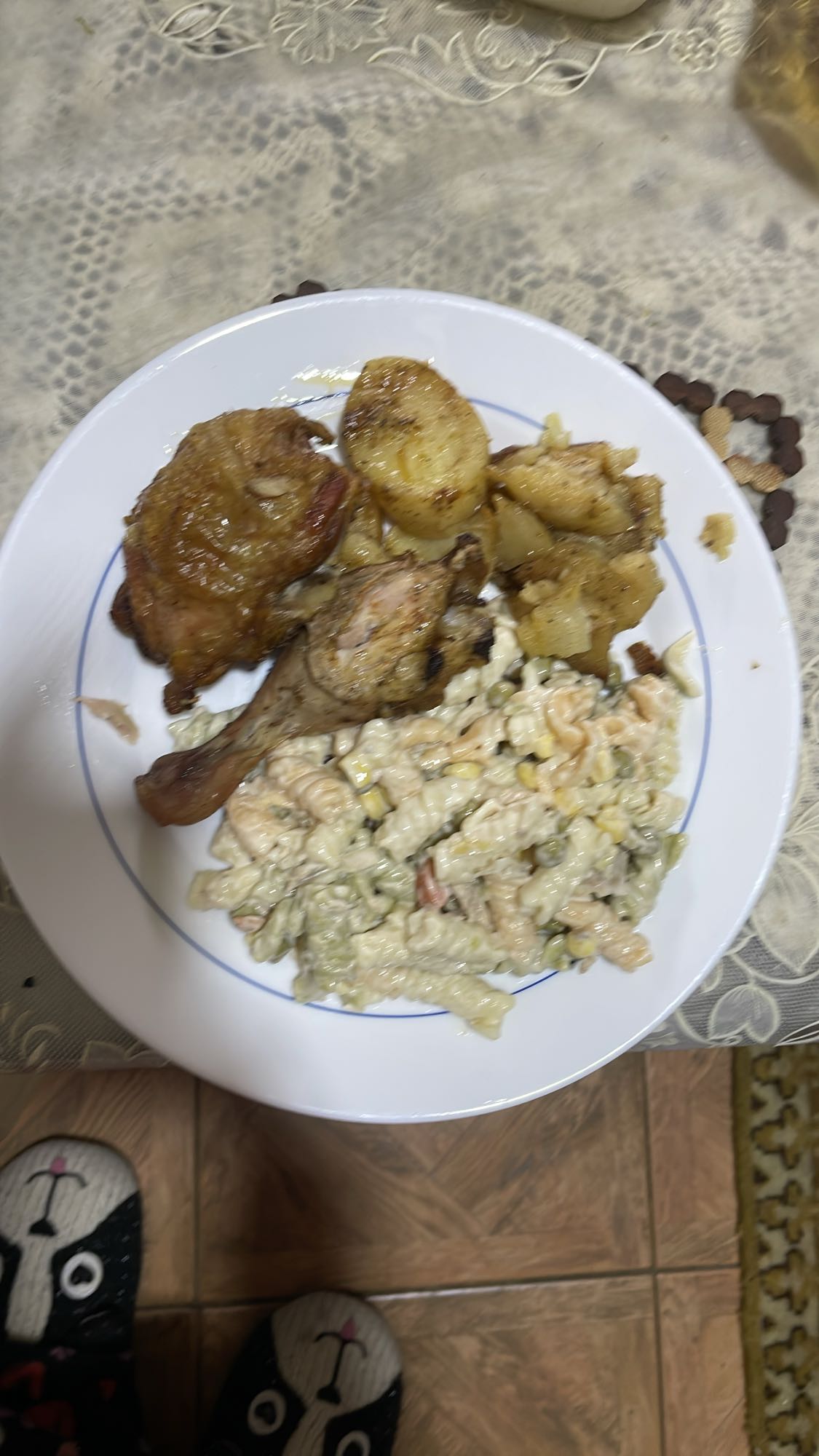 Chicken, potatoes, pasta salad
