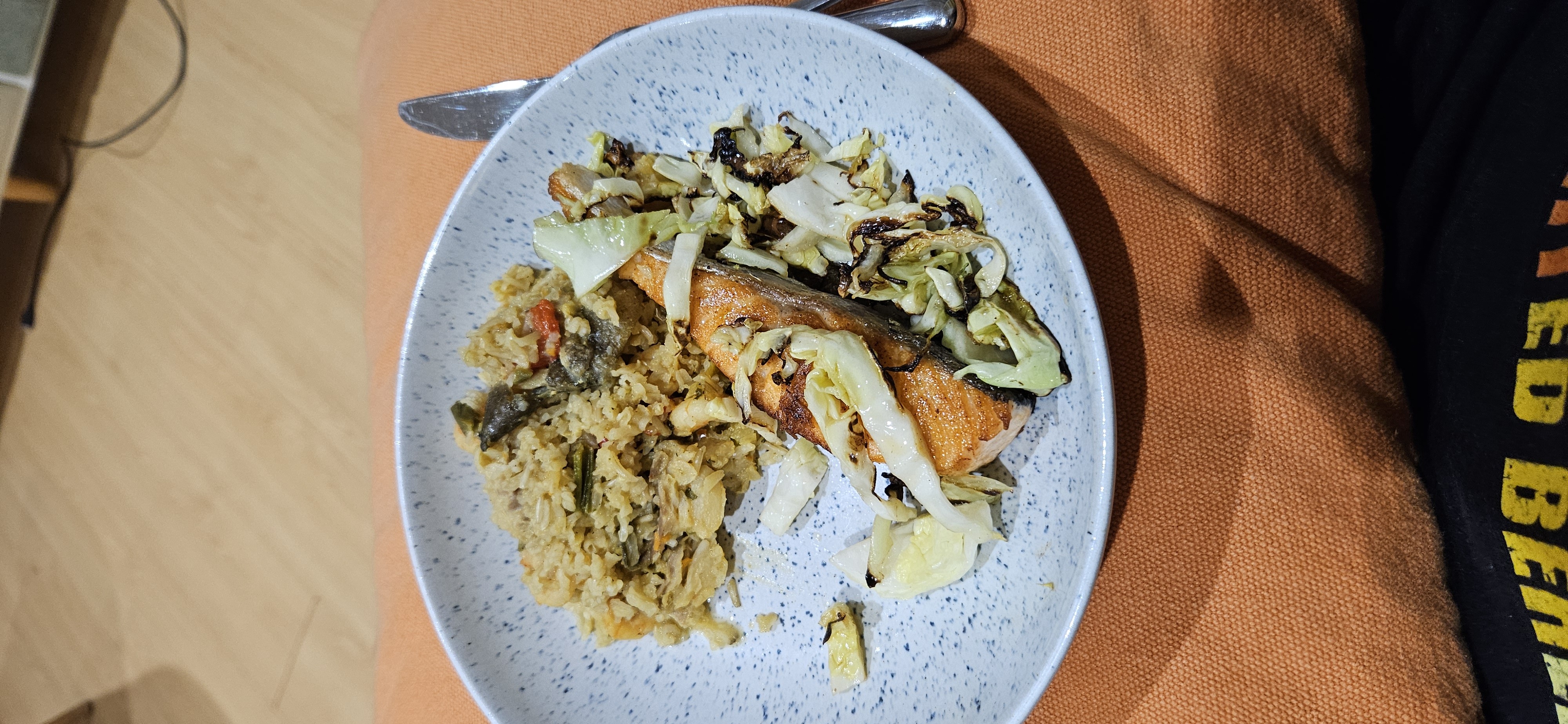 Salmon, rice, cabbage