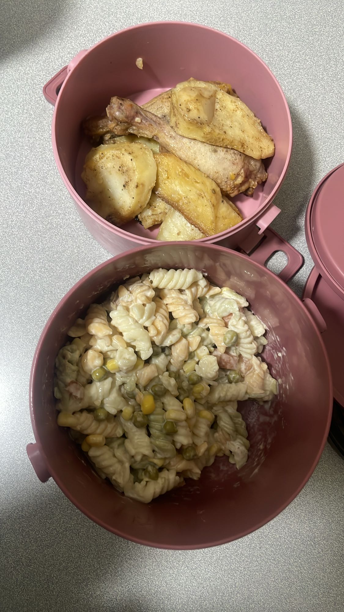 Chicken, potatoes, pasta salad