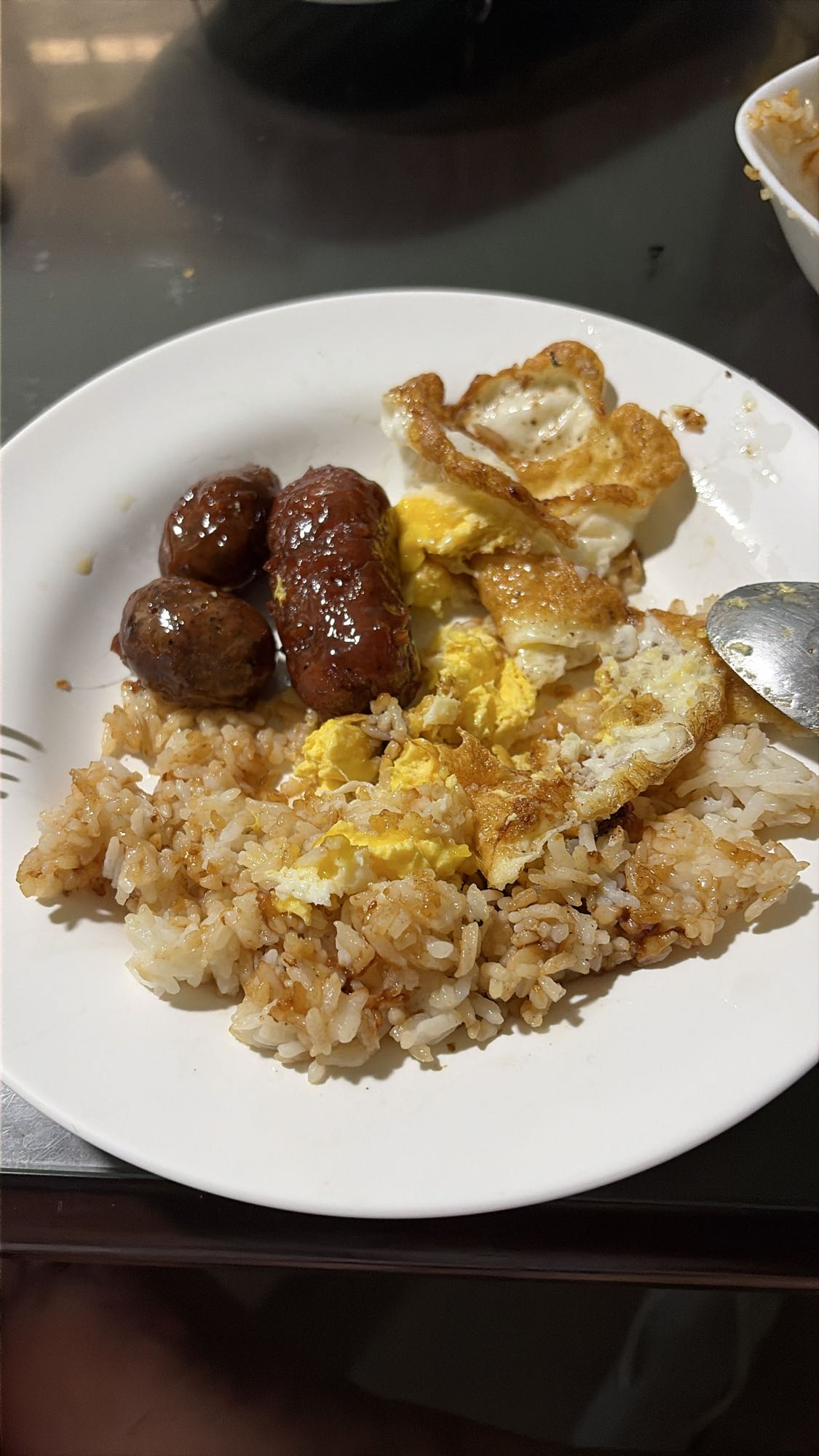 Egg, sausage, and rice plate