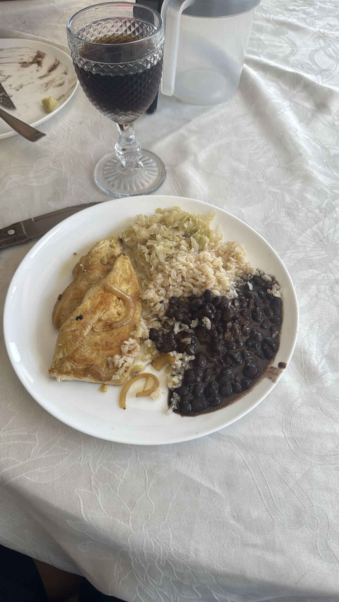 Frango, arroz, feijão e repolho